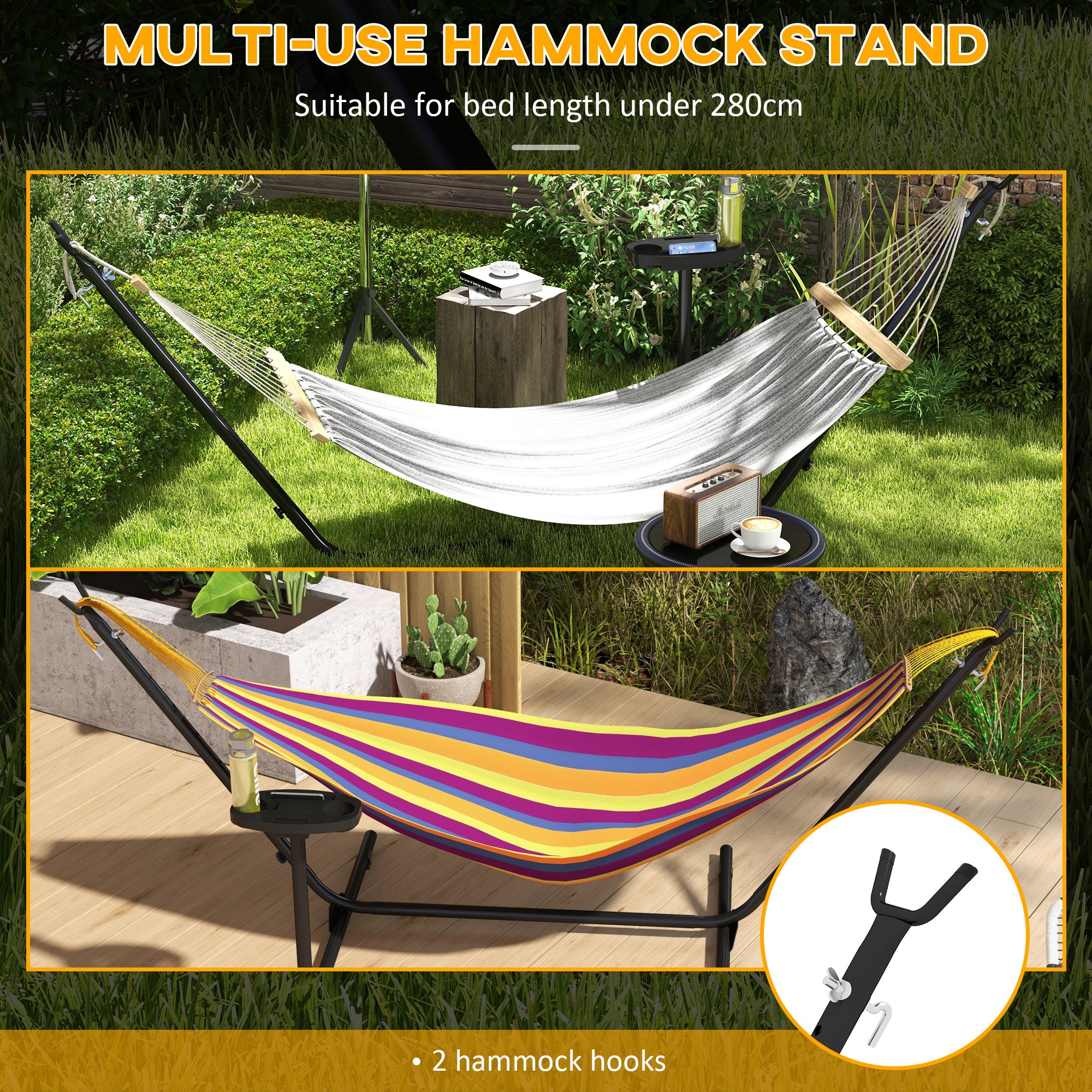 Outsunny 9.4ft Hammock Stand with Side Tray Stand, Steel Frame Hammock Net Stand, for String-style, Brazilian-style, Flat-style, Rope-style Hammocks, Black - North Peak Garden Furniture