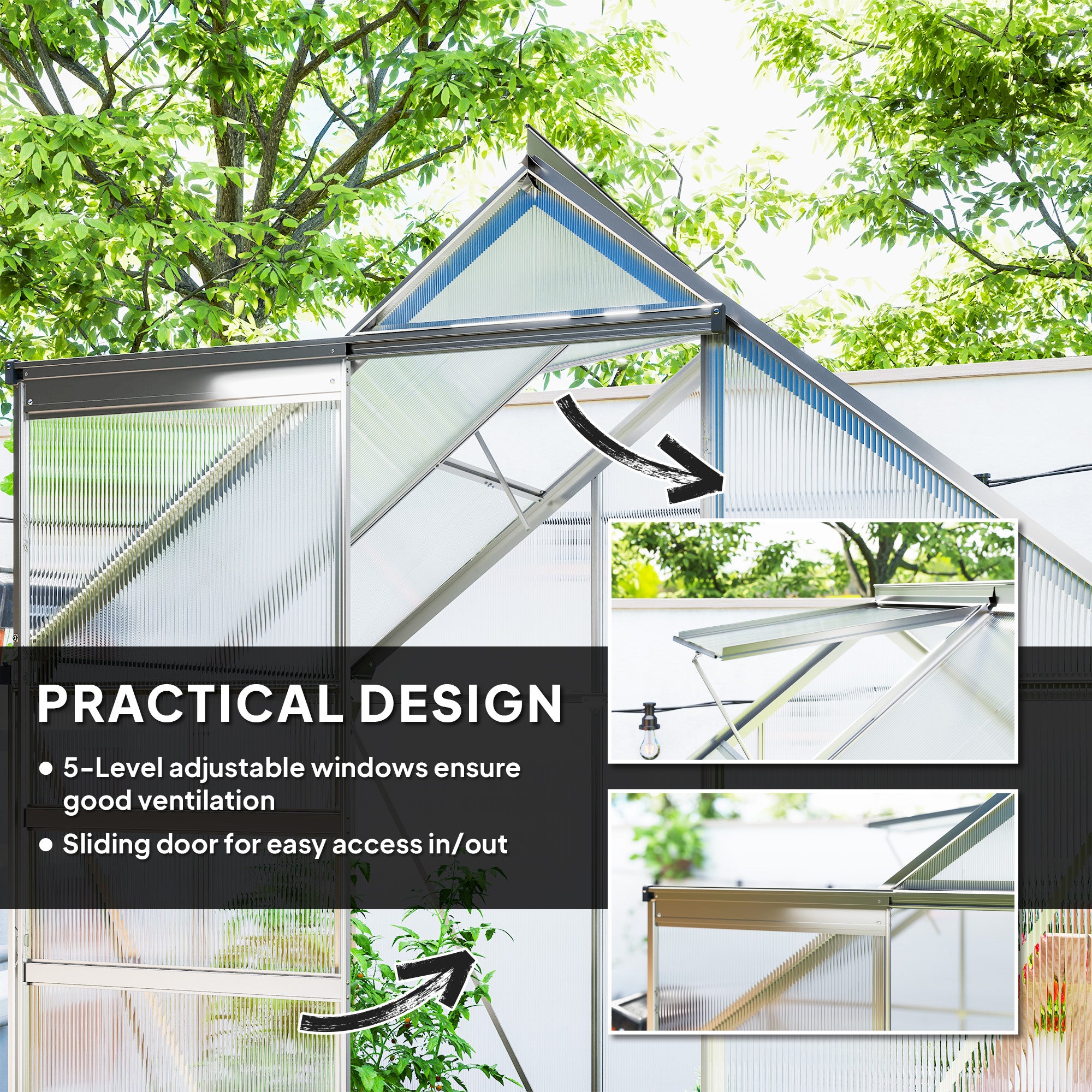 Outsunny 192.5 x 131cm Walk-In Polycarbonate Greenhouse - Silver-Tone - North Peak Garden Furniture