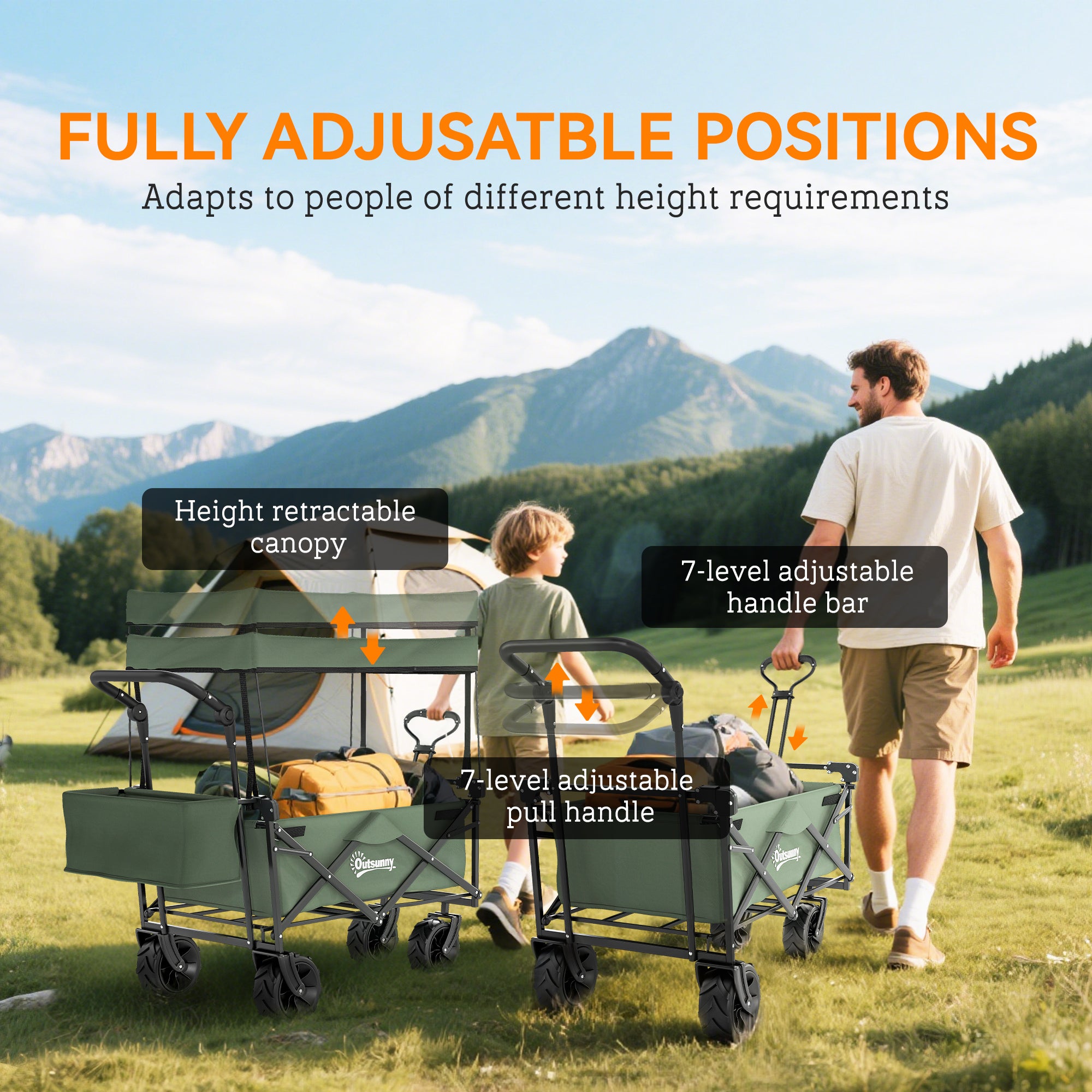 Outsunny Folding Trolley Cart Storage Wagon Beach Trailer 4 Wheels with Handle Overhead Canopy Cart Push Pull for Camping, Green - North Peak Garden Furniture