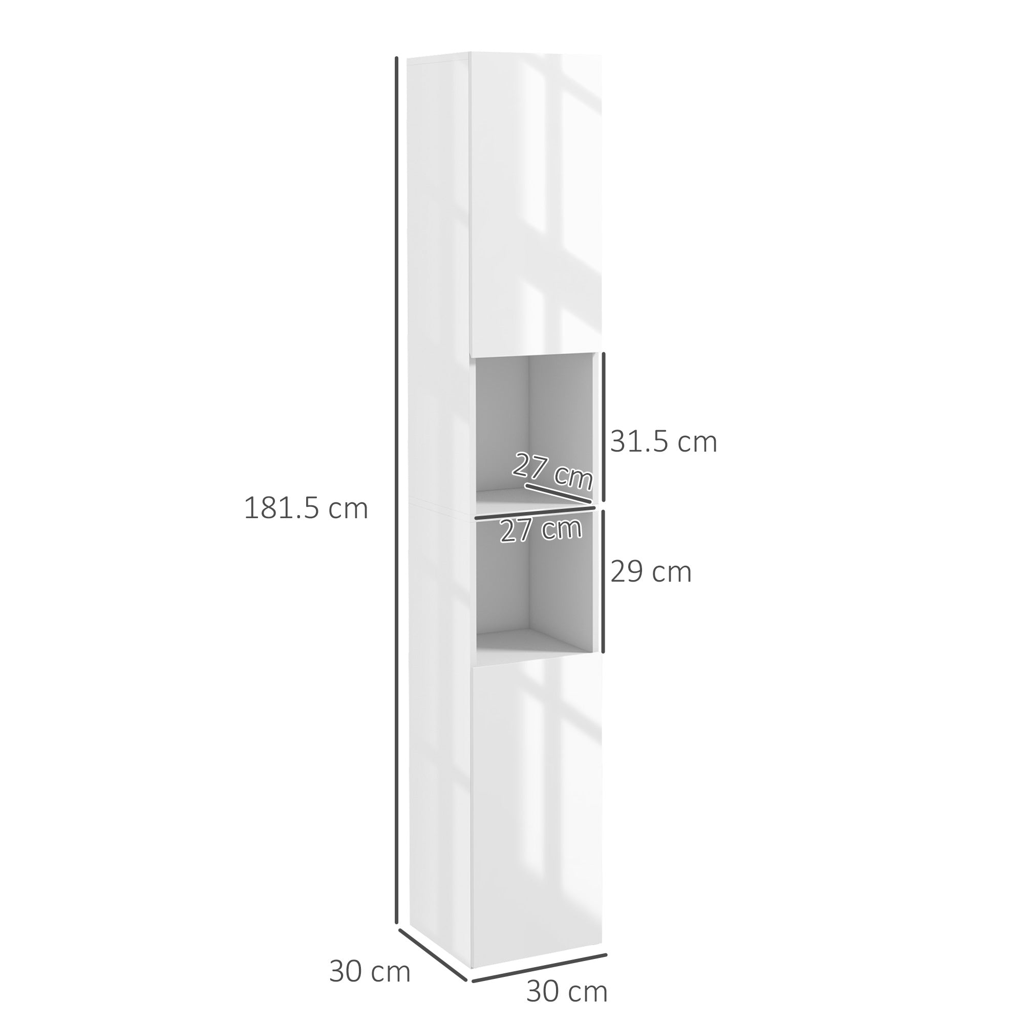 kleankin Freestanding Bathroom Cabinet, High Gloss Storage Cabinet with Doors and Adjustable Shelves, 30 x 30 x 181.5 cm, White - North Peak Garden Furniture