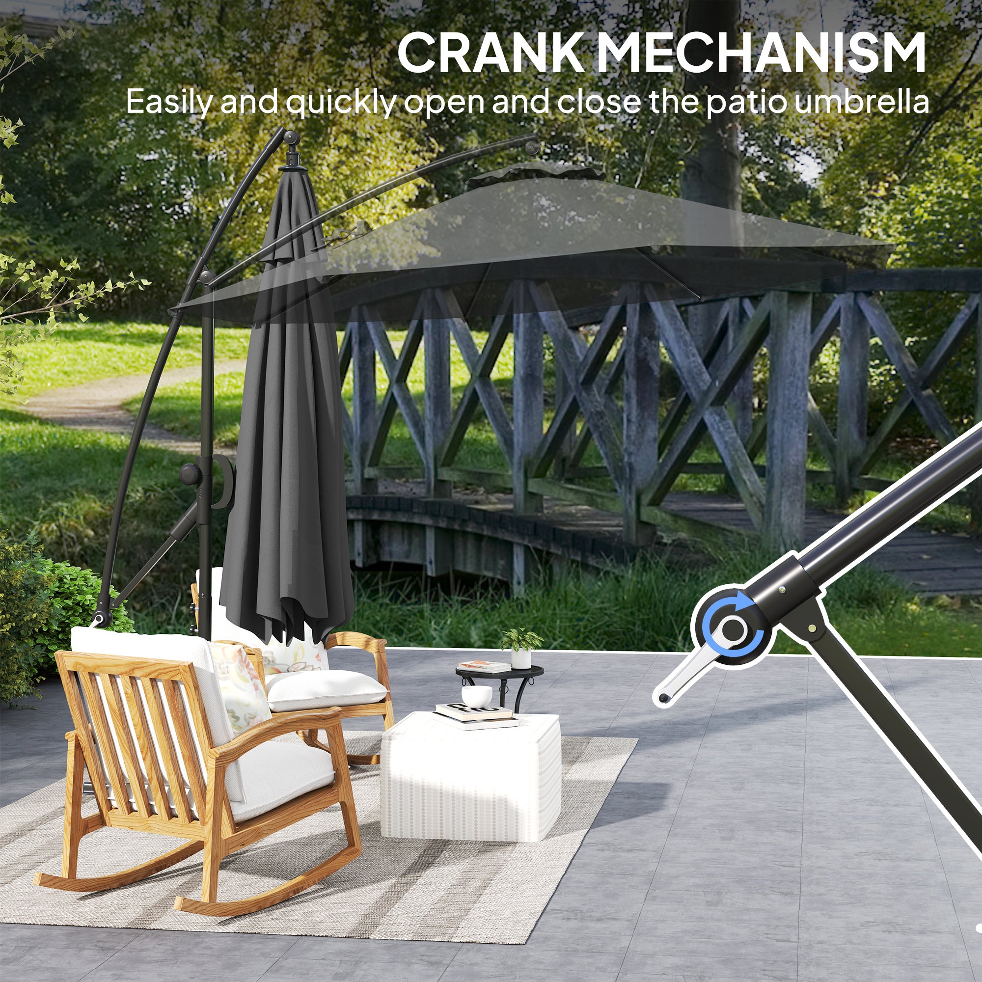 Outsunny 3(m) Garden Cantilever Parasol with Cover and Wind Protection Strap, Round Overhanging Umbrella with Crank Handle and Tilt, Banana Patio Umbrella for Outdoor Sun Shade, UPF50+, Grey - North Peak Garden Furniture