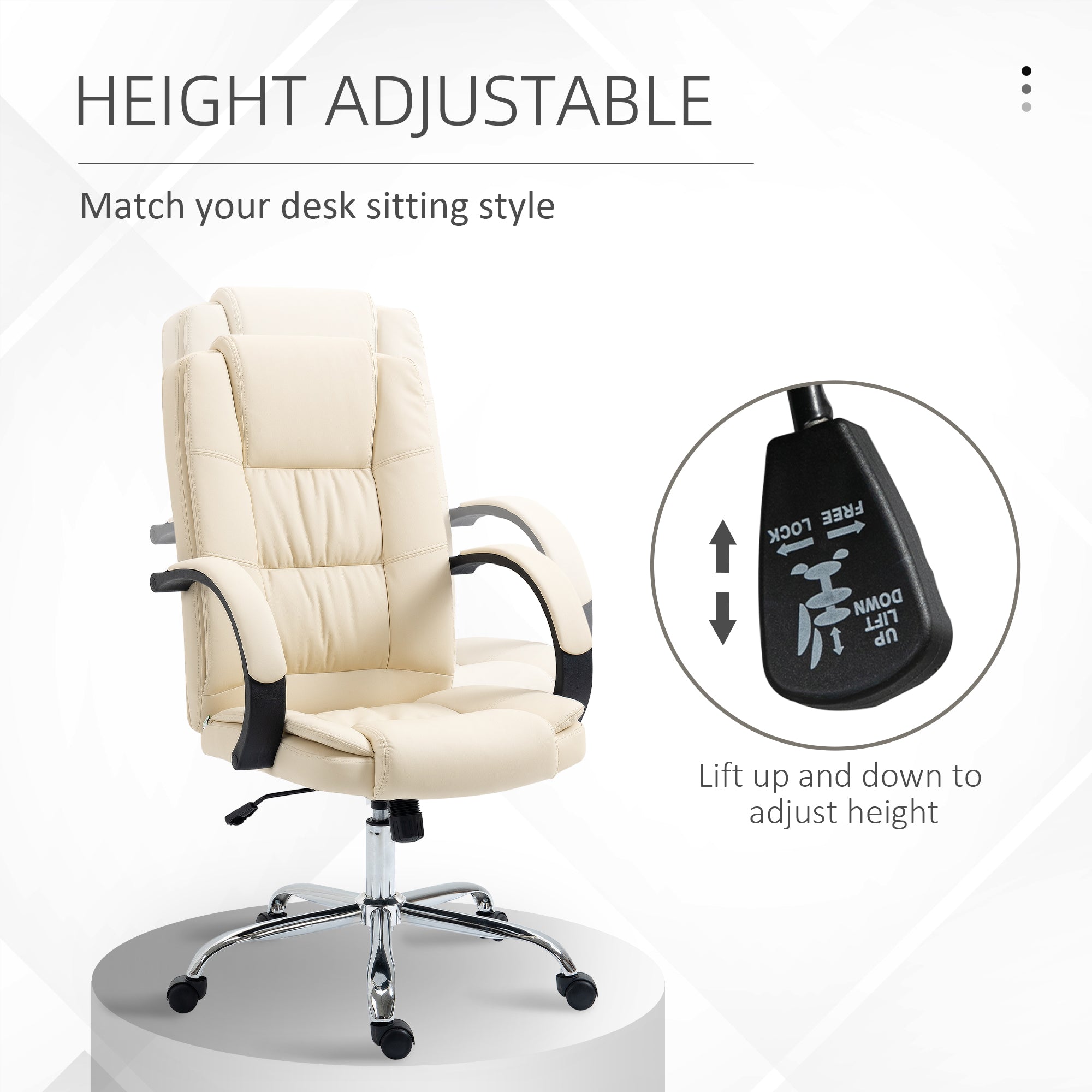 Vinsetto Office Chair, PU Leather Desk Chair with 13cm Soft Padded Seat and Backrest, Swivel Chair with Adjustable Height and Rolling Wheels, Beige - North Peak Garden Furniture