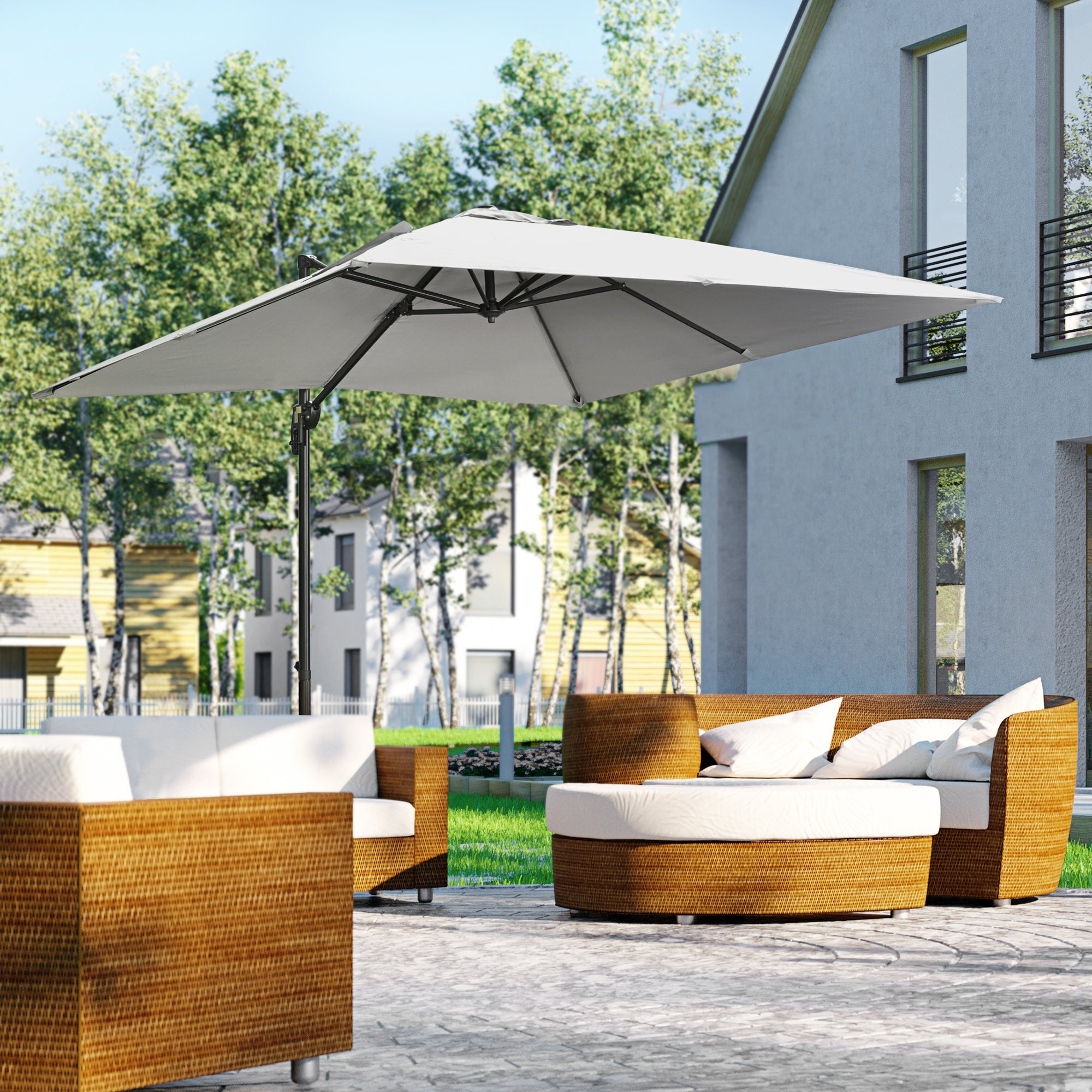 Outsunny 2.7 x 2.7 m Cantilever Parasol, Square Overhanging Umbrella with Cross Base, Crank Handle, Tilt, 360° Rotation and Aluminium Frame, Grey - North Peak Garden Furniture