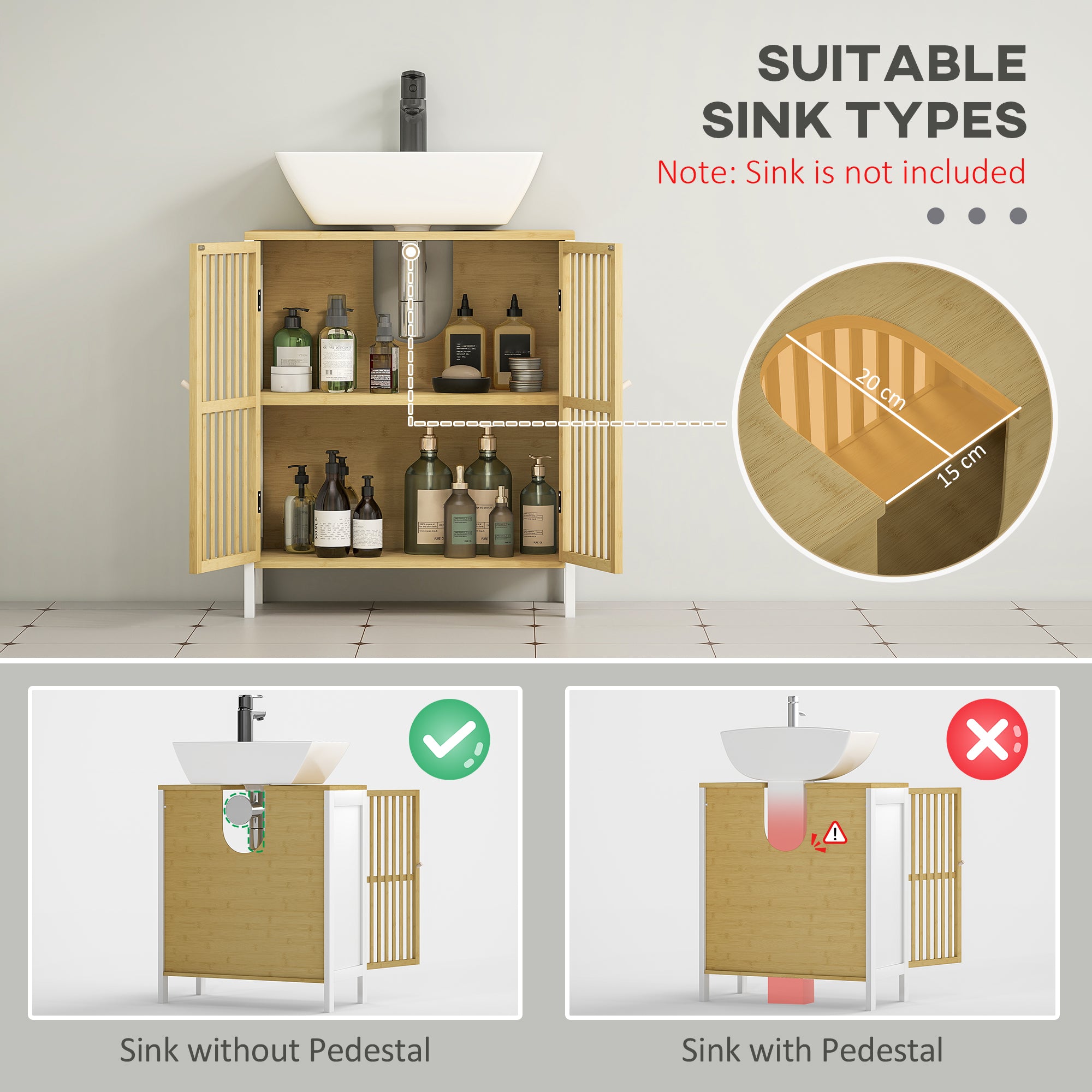 HOMCOM Bamboo-Blend Retro Cut-Out Under Sink Cabinet