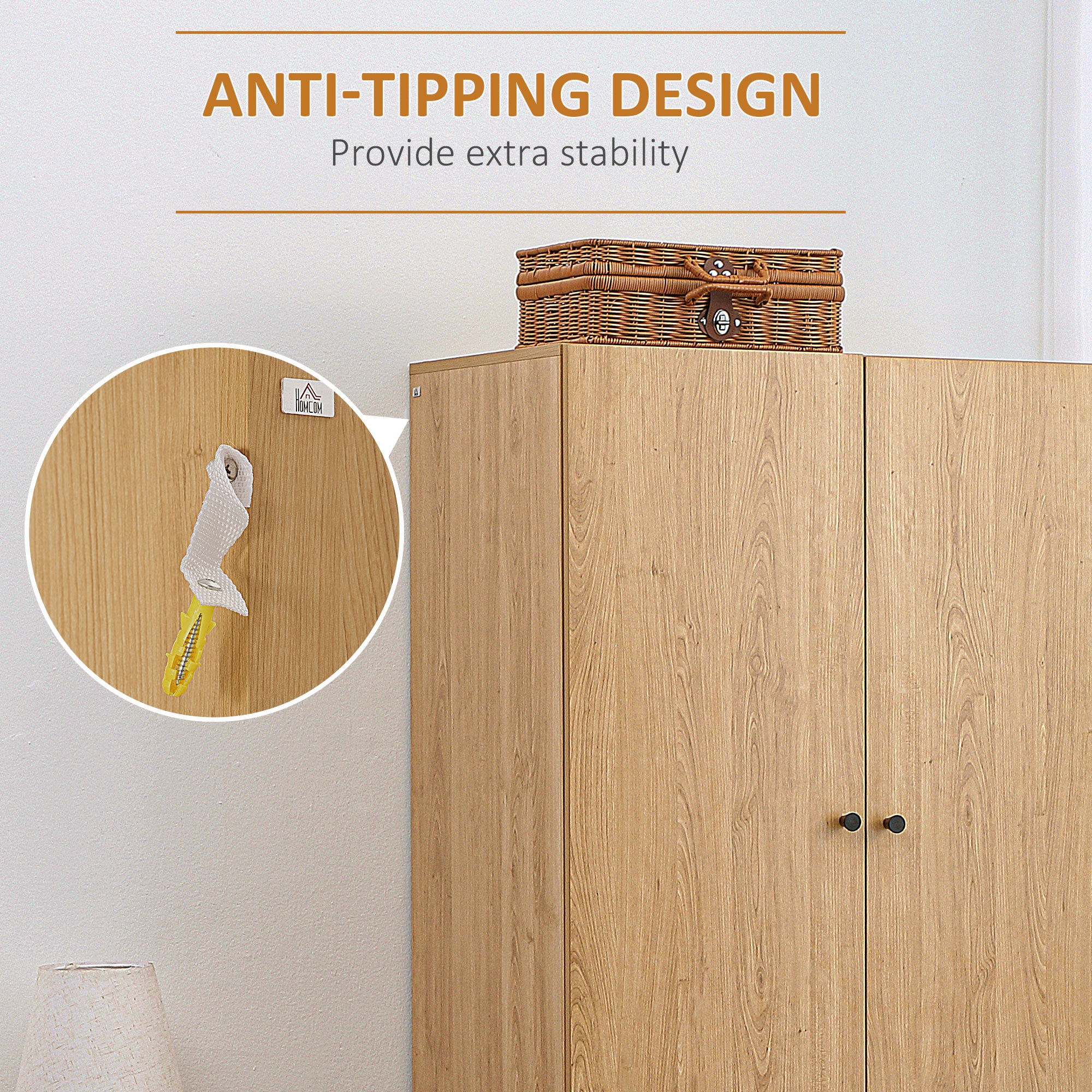 HOMCOM Wardrobe with 2 Doors, 2 Drawers, Hanging Rail for Bedroom Clothes Storage Organiser, 80x52x180cm, Natural Tone - North Peak Garden Furniture