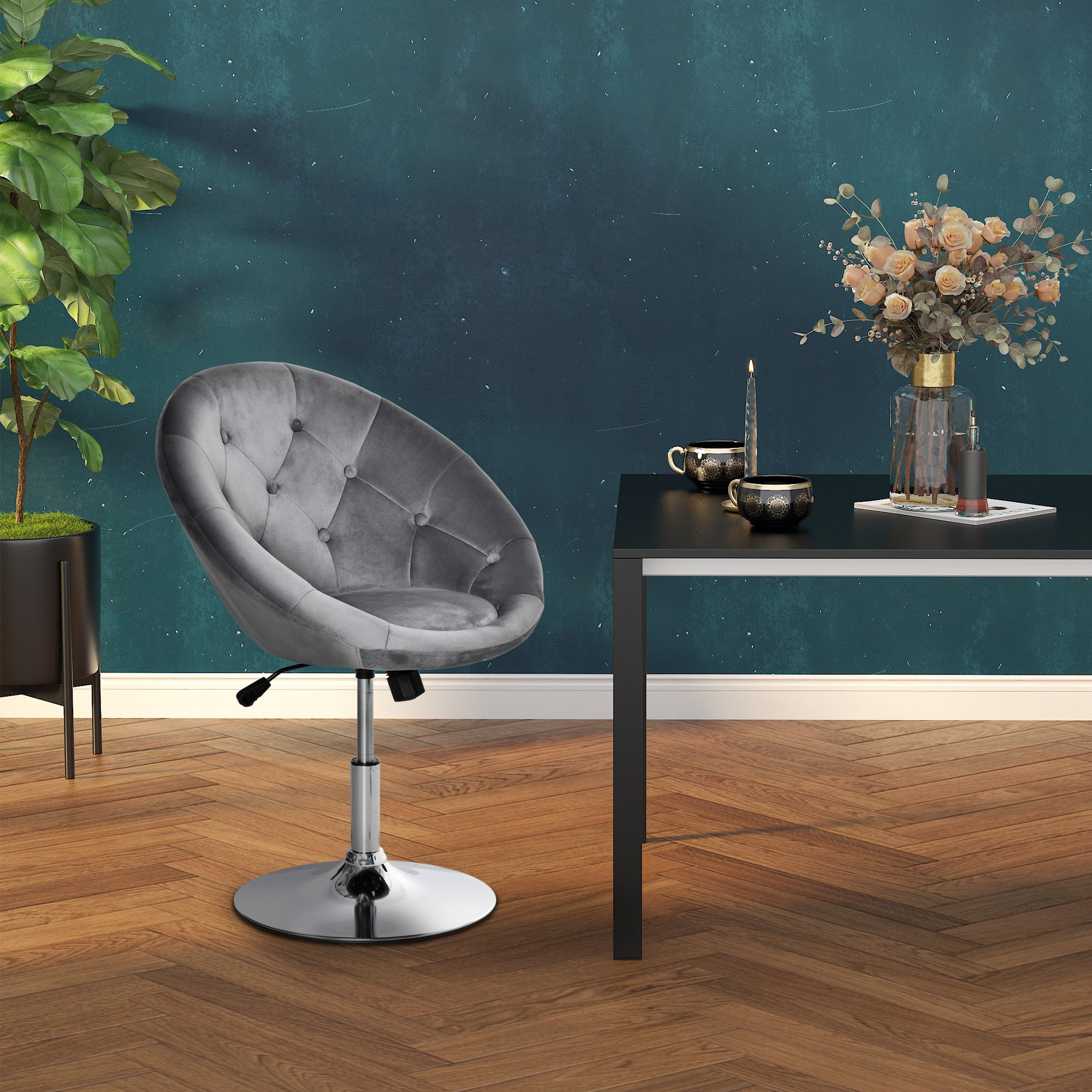 HOMCOM Swivel Dressing Stool, Velvet-feel Upholstered Vanity Chair, Adjustable Height Tub Makeup Chair with Button Tufting and Thick Padding, Breakfast Dining Chair, Grey - North Peak Garden Furniture