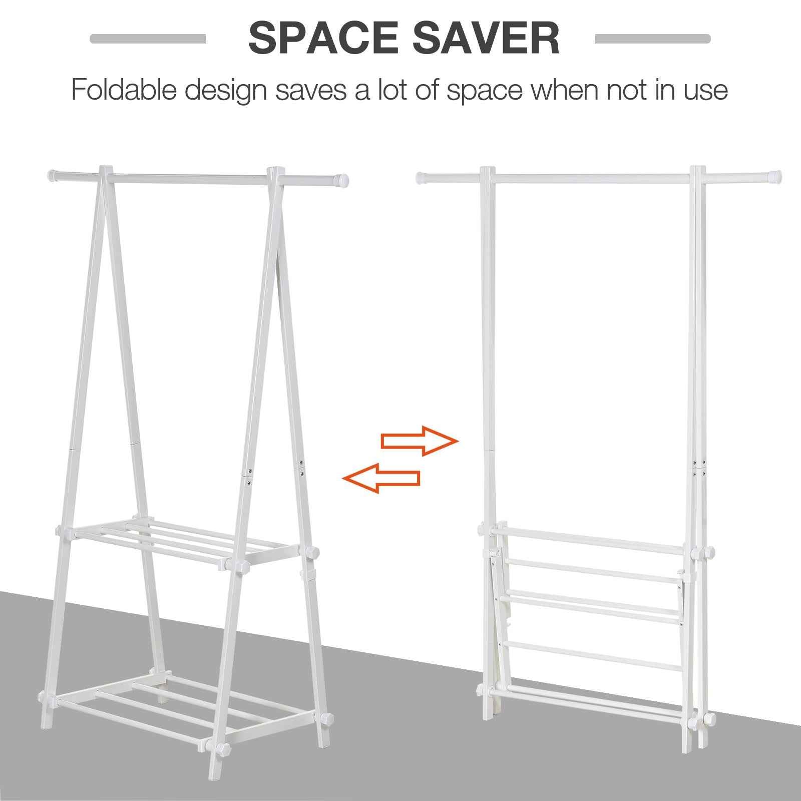 HOMCOM Minimalist Foldable Adjustable Clothes Rack Hanger w/ 2 shelves 107.5L x 45W x 150H cm Hallway Entryway Furniture - White - North Peak Garden Furniture