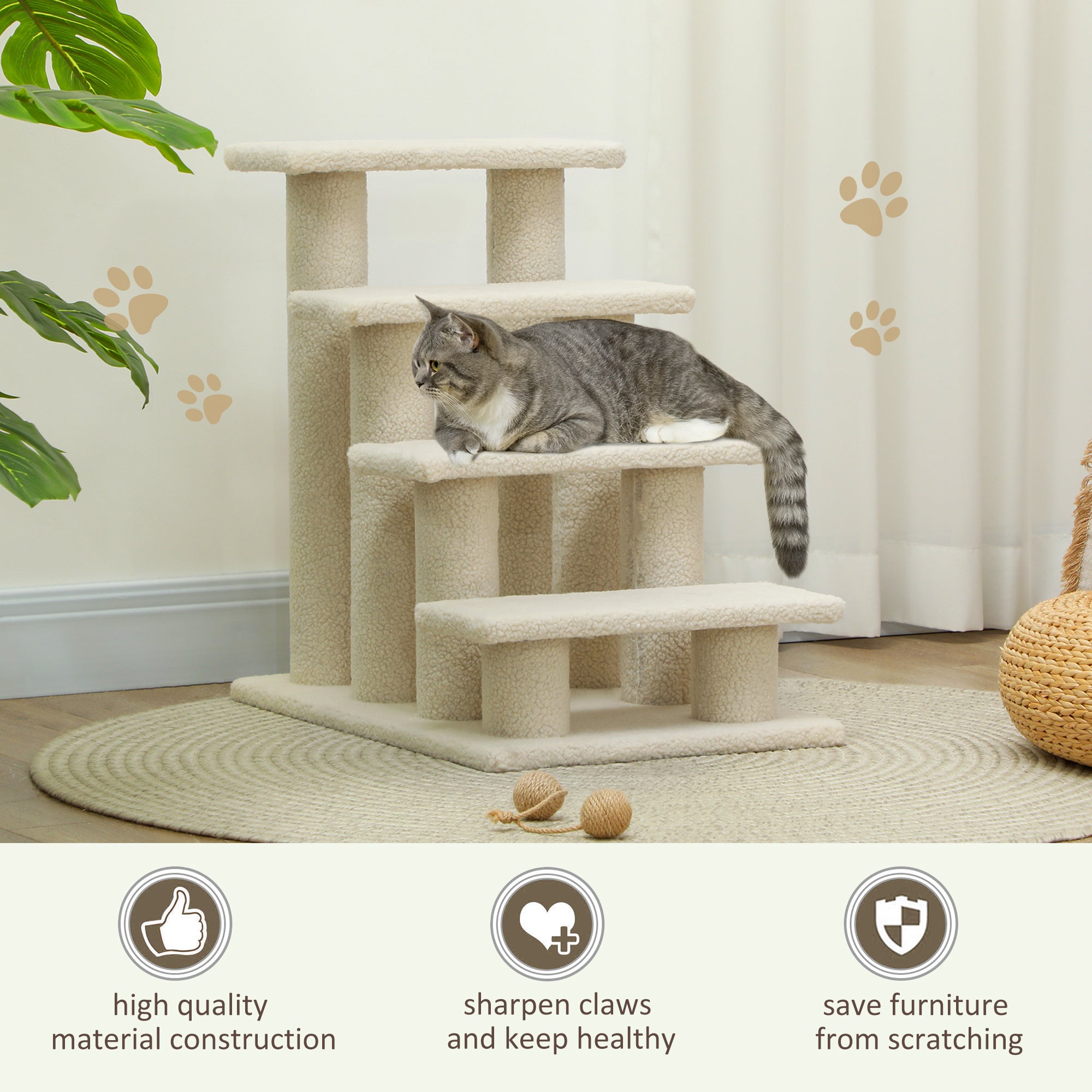 PawHut Dog Steps for Bed 4 Step Pet Stairs for Sofa Dog Cat Climb Ladder 63x43x60 cm Light Brown