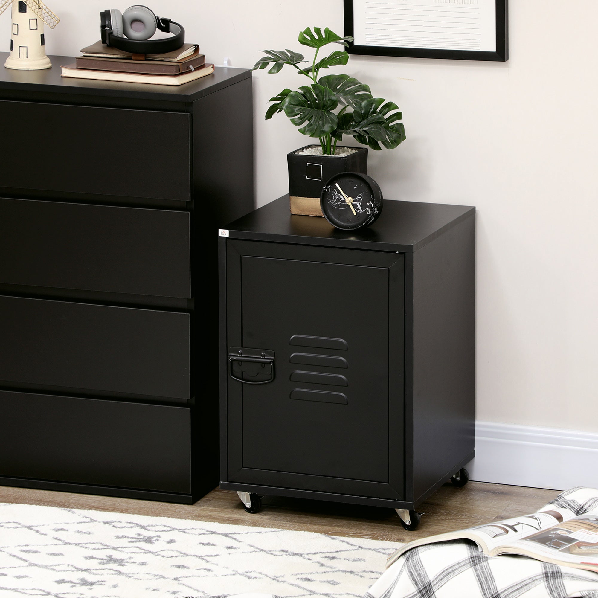 HOMCOM Industrial Bedside Table, Rolling End Side Table, Mobile Storage Cabinet With Adjustable Shelf, Wheels & Metal Door for Bedroom, Living Room, Home Office, Black - North Peak Garden Furniture