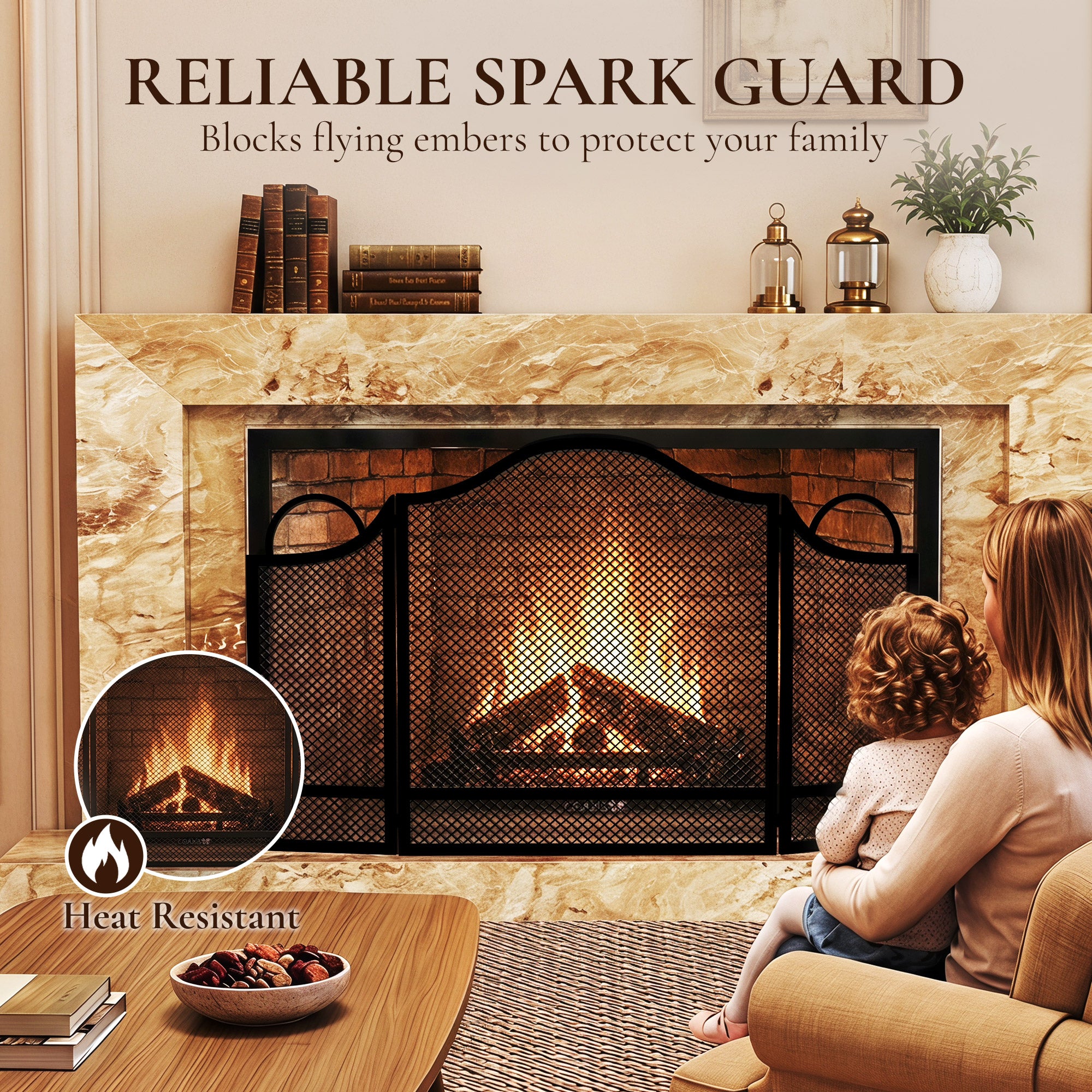 HOMCOM Floral 3-Panel Folding Fireplace Screen for Hearth Protection, Heat-Resistant Metal Fire Spark Guard, Black