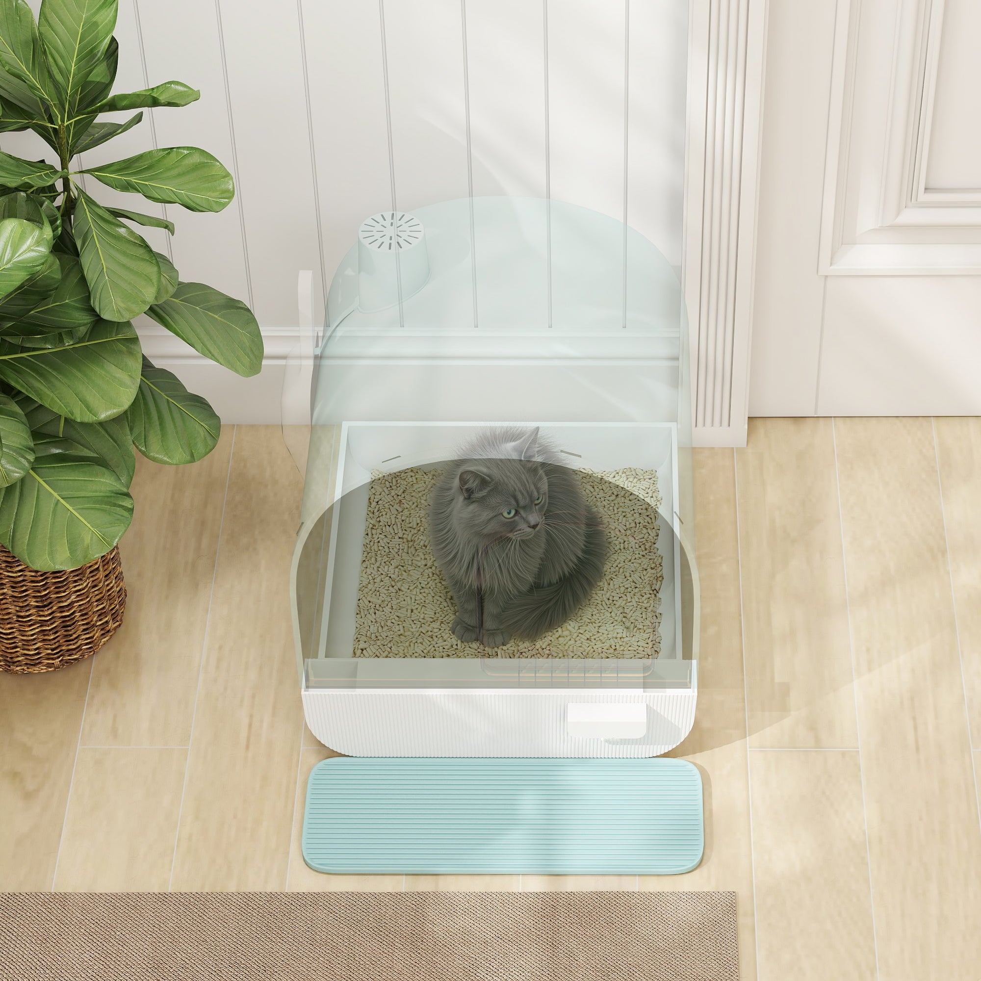 PawHut Hooded Cat Litter Box, Kitten Litter Tray, with Lid, Scoop, Filter, Flap Door