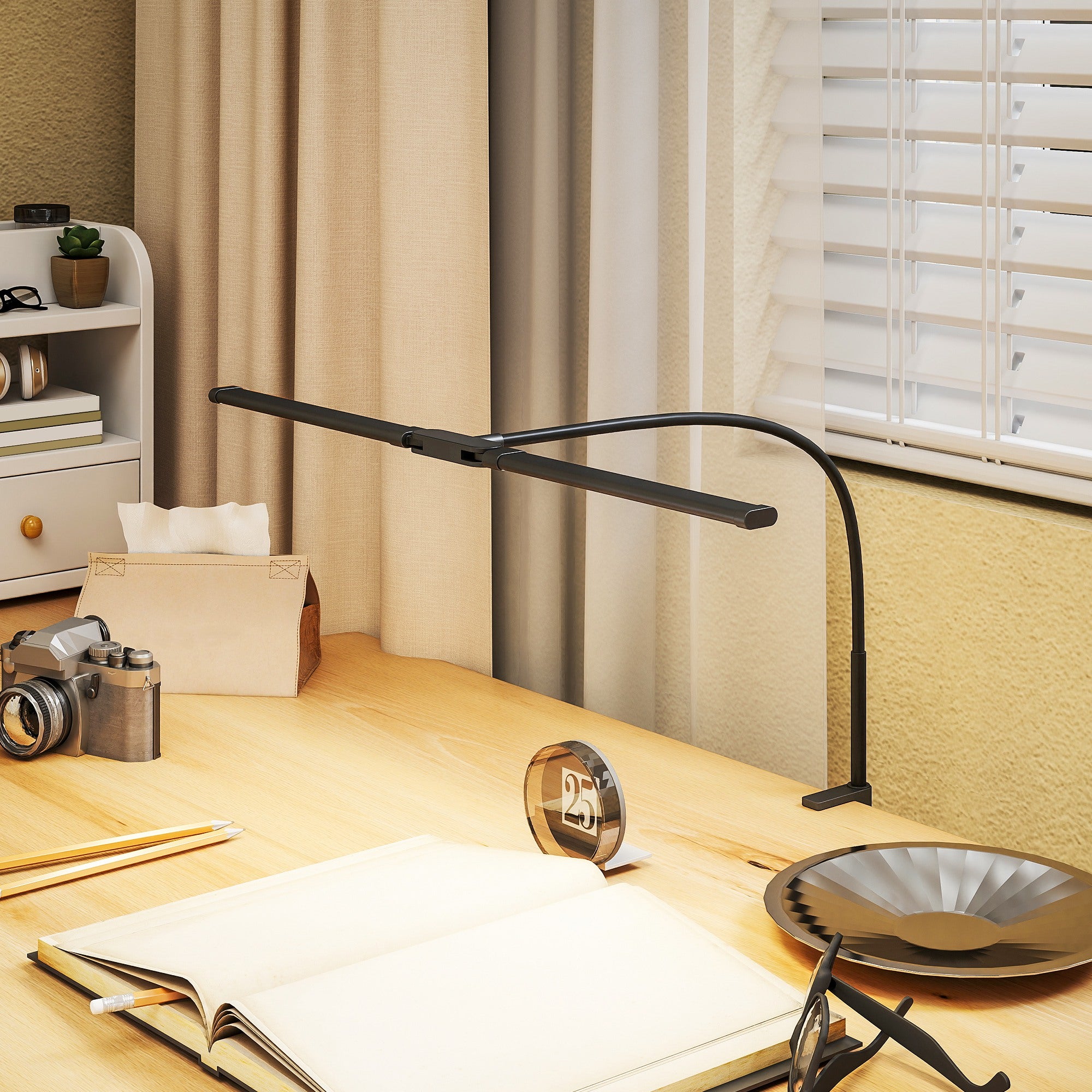 HOMCOM LED Desk Lamp with Clamp, Double Head Table Lamp with 3 Colour Modes & 10 Brightness Levels, Flexible Gooseneck Reading Desk Light with Timer and Memory Function for Study, Office, Work, Black - North Peak Garden Furniture