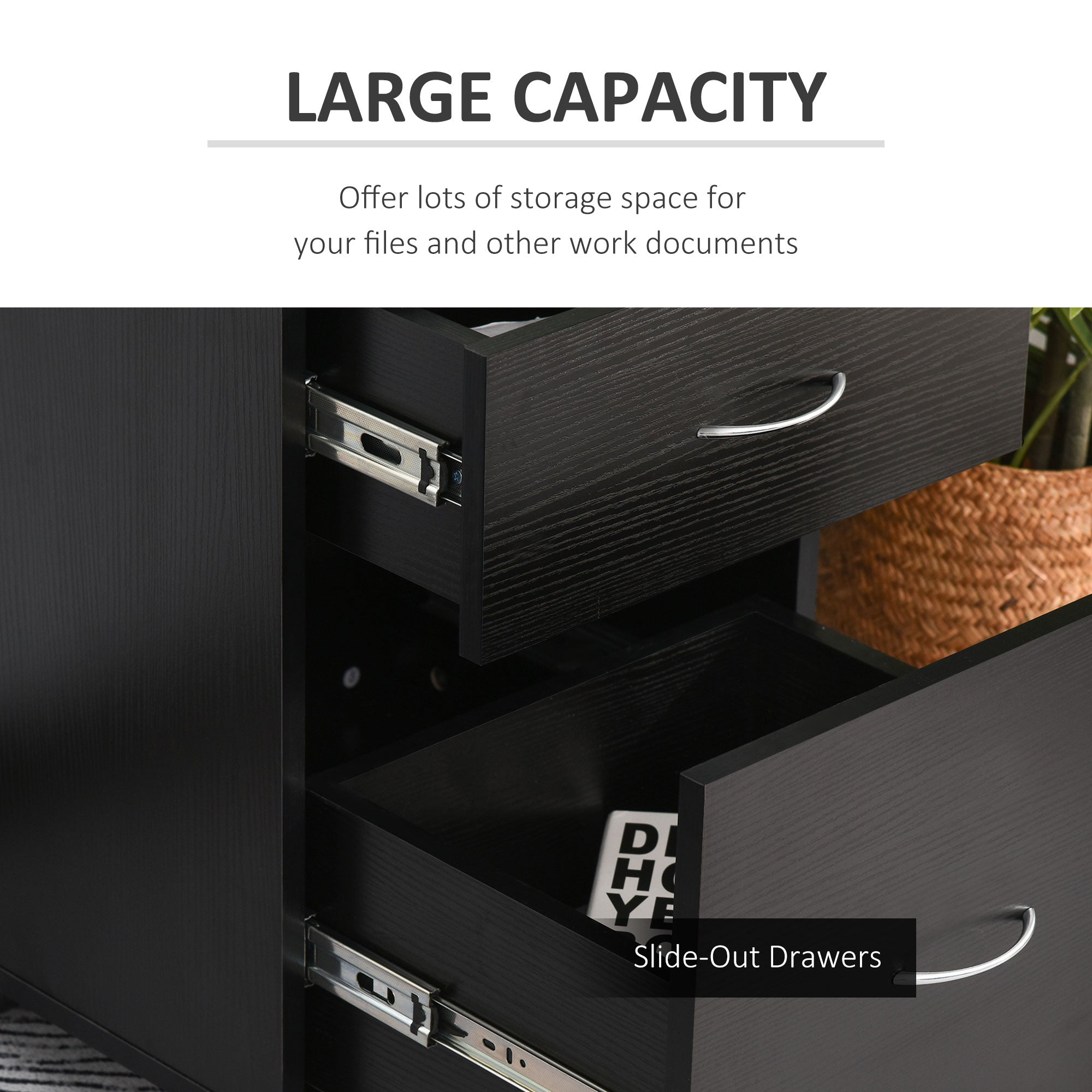 HOMCOM Two Drawer Filing Cabinet with Wheels- Black Wood Grain - North Peak Garden Furniture