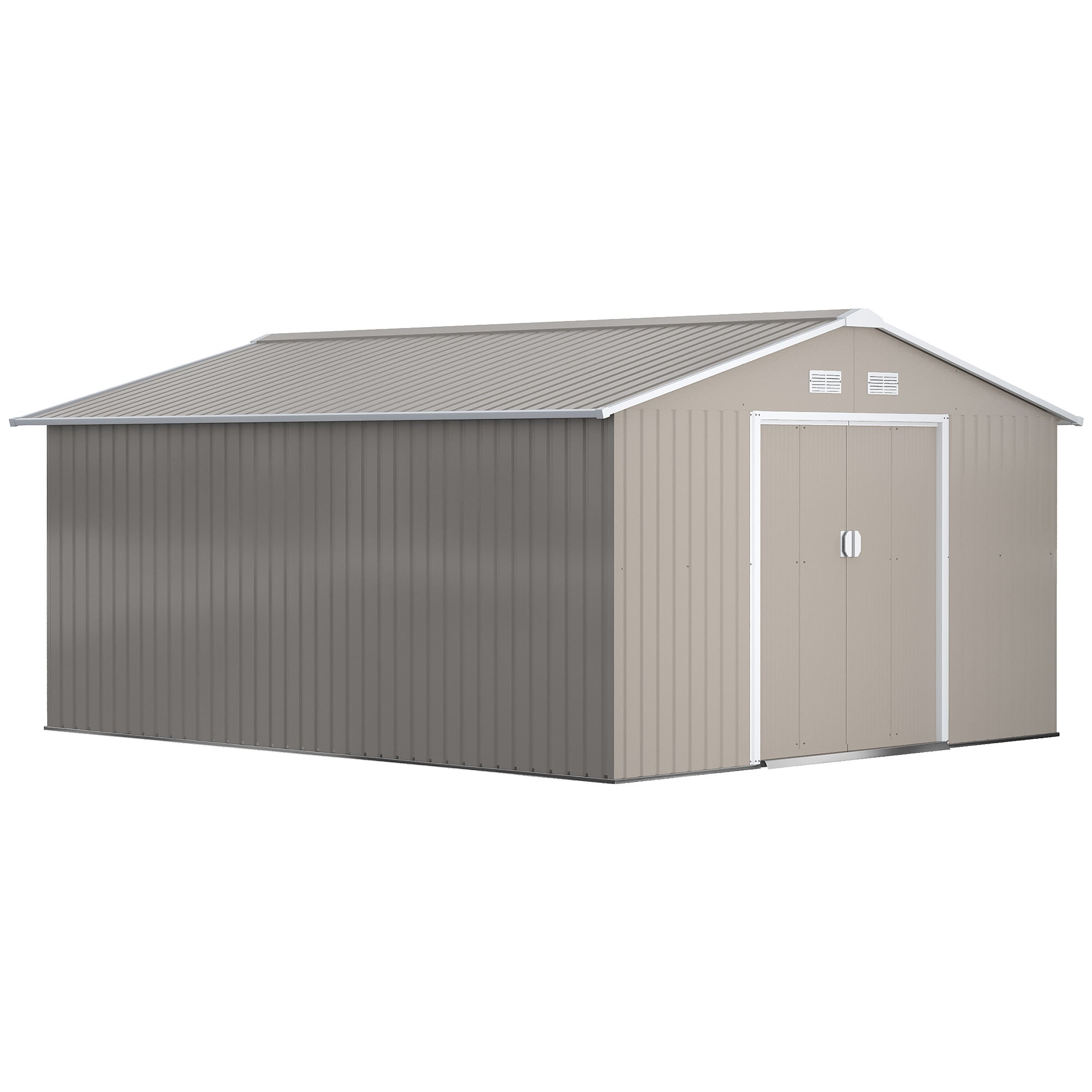 Outsunny 13 x 11ft Garden Metal Storage Shed Outdoor Storage Shed with Foundation Kit Ventilation & Doors, Light Grey - North Peak Garden Furniture