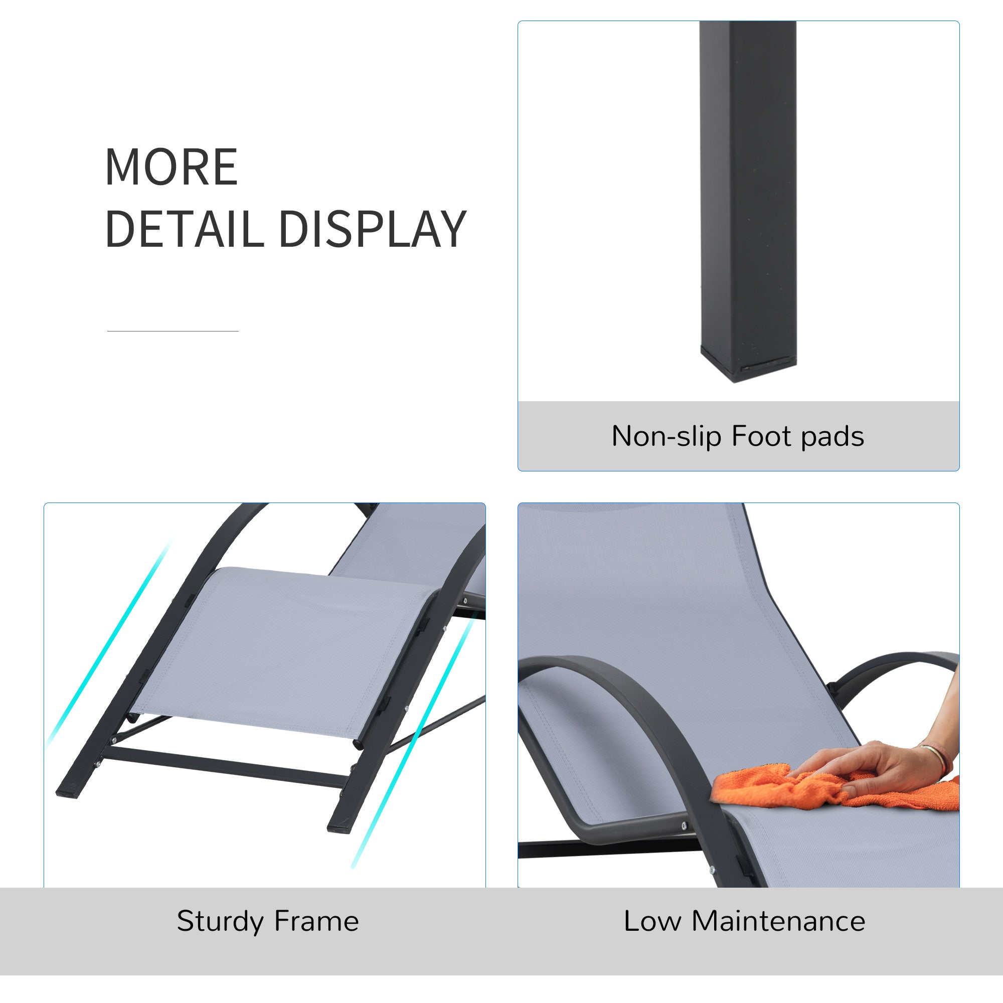 Outsunny 3 Pieces Lounge Chair Set Metal Frame Garden Outdoor Recliner Sunbathing Chair with Table, Light Grey - North Peak Garden Furniture