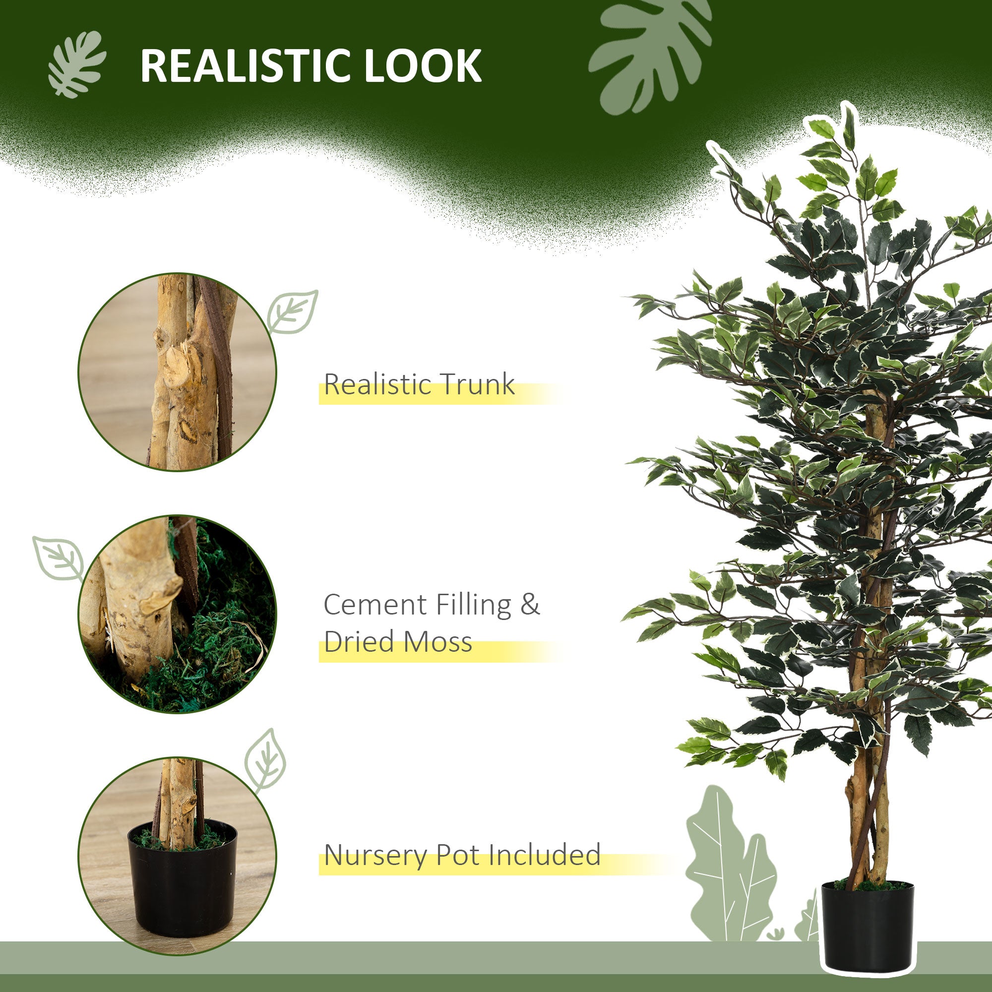 HOMCOM Artificial Ficus Tree in Pot, 130cm Tall Fake Plant with Lifelike Leaves and Natural Trunks, for Indoor Outdoor, Green - North Peak Garden Furniture