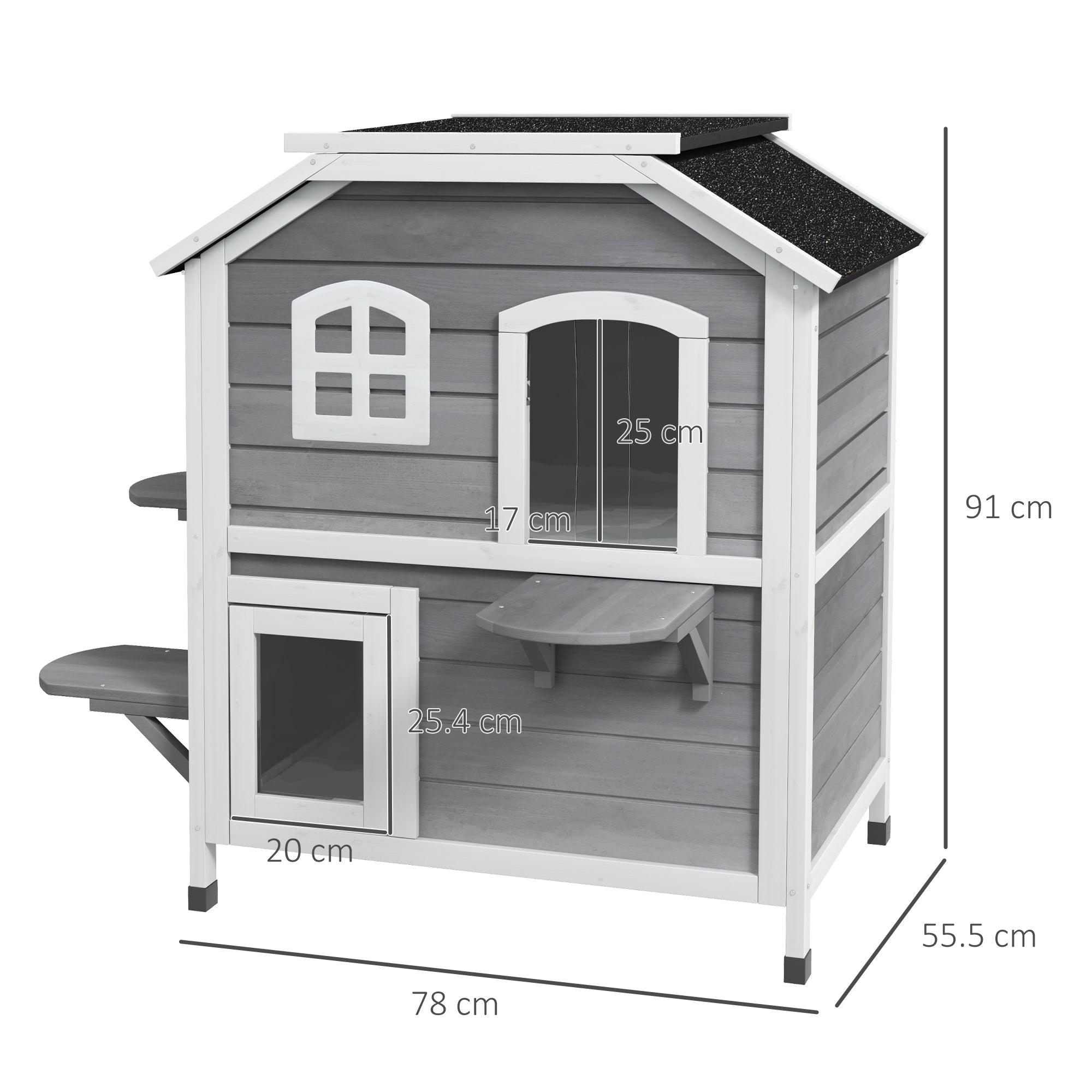 PawHut 2-story Cat House Outdoor, Weatherproof Wooden Cat Enclosure for Feral Cats with Escape Door, Openable Roof, Jumping Platforms, Grey - North Peak Garden Furniture