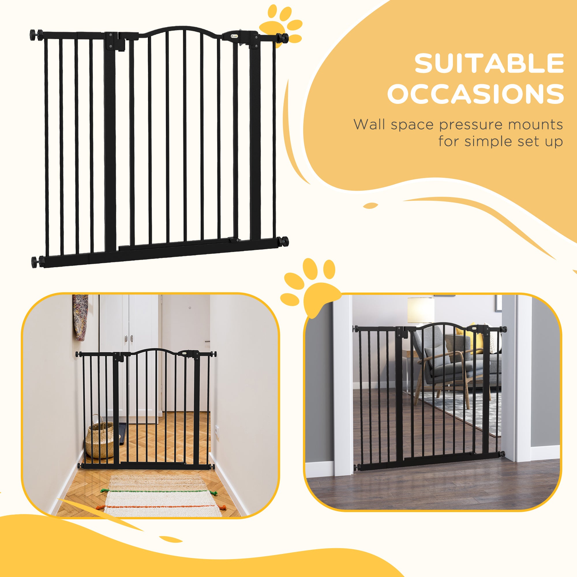 PawHut Metal 74-94cm Adjustable Pet Gate Safety Barrier w/ Auto-Close Door Black - North Peak Garden Furniture