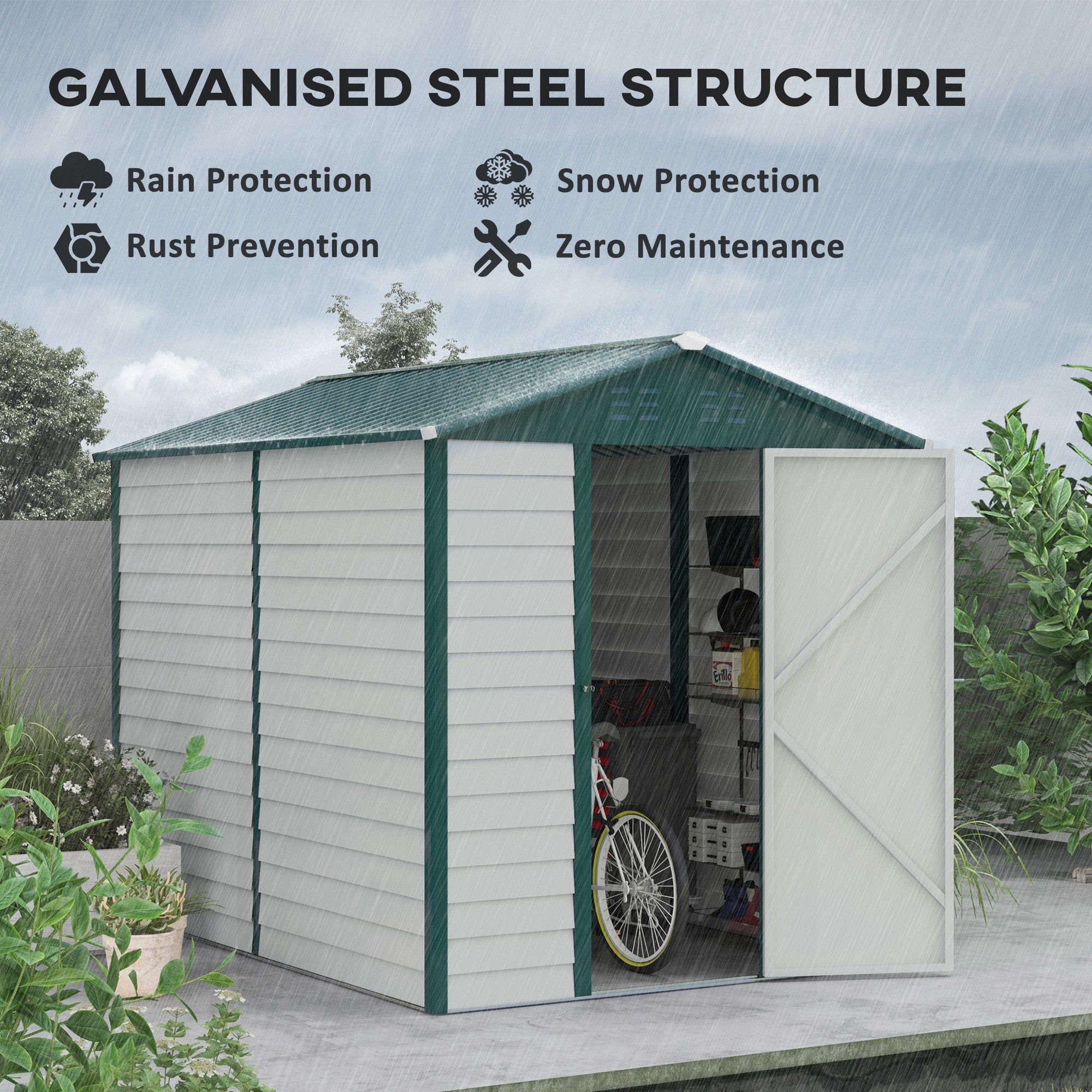 Outsunny 9x 6FT Metal Outdoor Garden Shed, Galvanised Tool Storage Shed w/ Sloped Roof, Lockable Door for Patio Lawn, Green - North Peak Garden Furniture