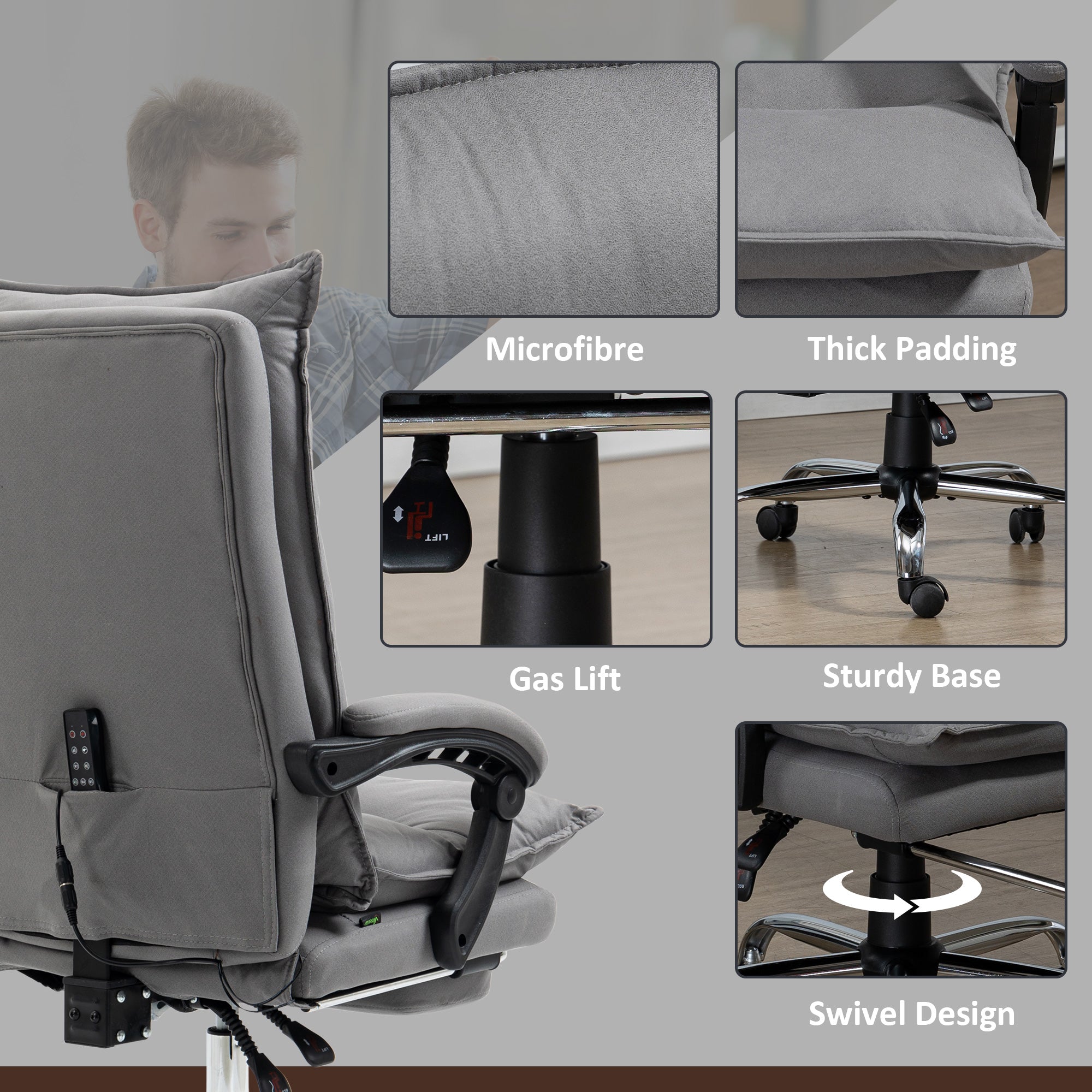 Vinsetto Massage Office Chair with Footrest, Desk Chair with 6 Point Massage and Heat, 155° Reclining Back for Home, Thick Padding, Grey - North Peak Garden Furniture