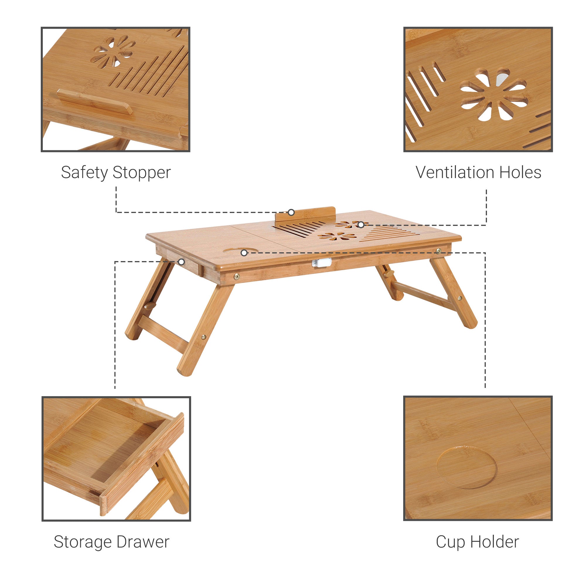 HOMCOM Portable Laptop Desk Notebook Tray PC Bed Table with Drawer Adjustable & Foldable (55L x 35W x 22-30H (cm)) - North Peak Garden Furniture