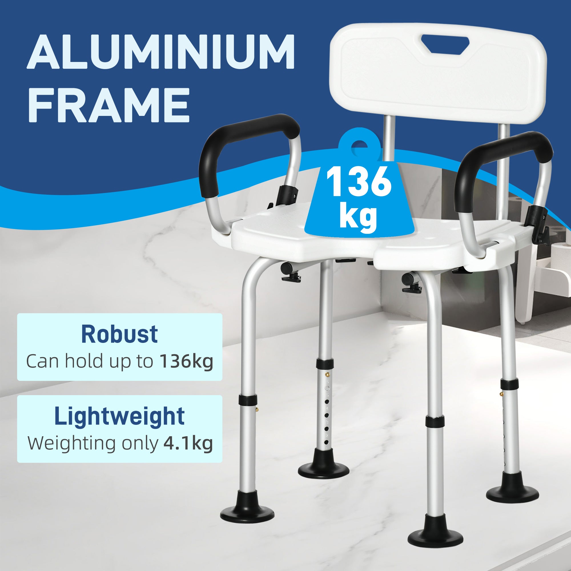 HOMCOM Shower Chair for the Elderly and Disabled, Height Adjustable Shower Stool with Back and Flipped Padded Arms, Suction Foot Pads, White - North Peak Garden Furniture