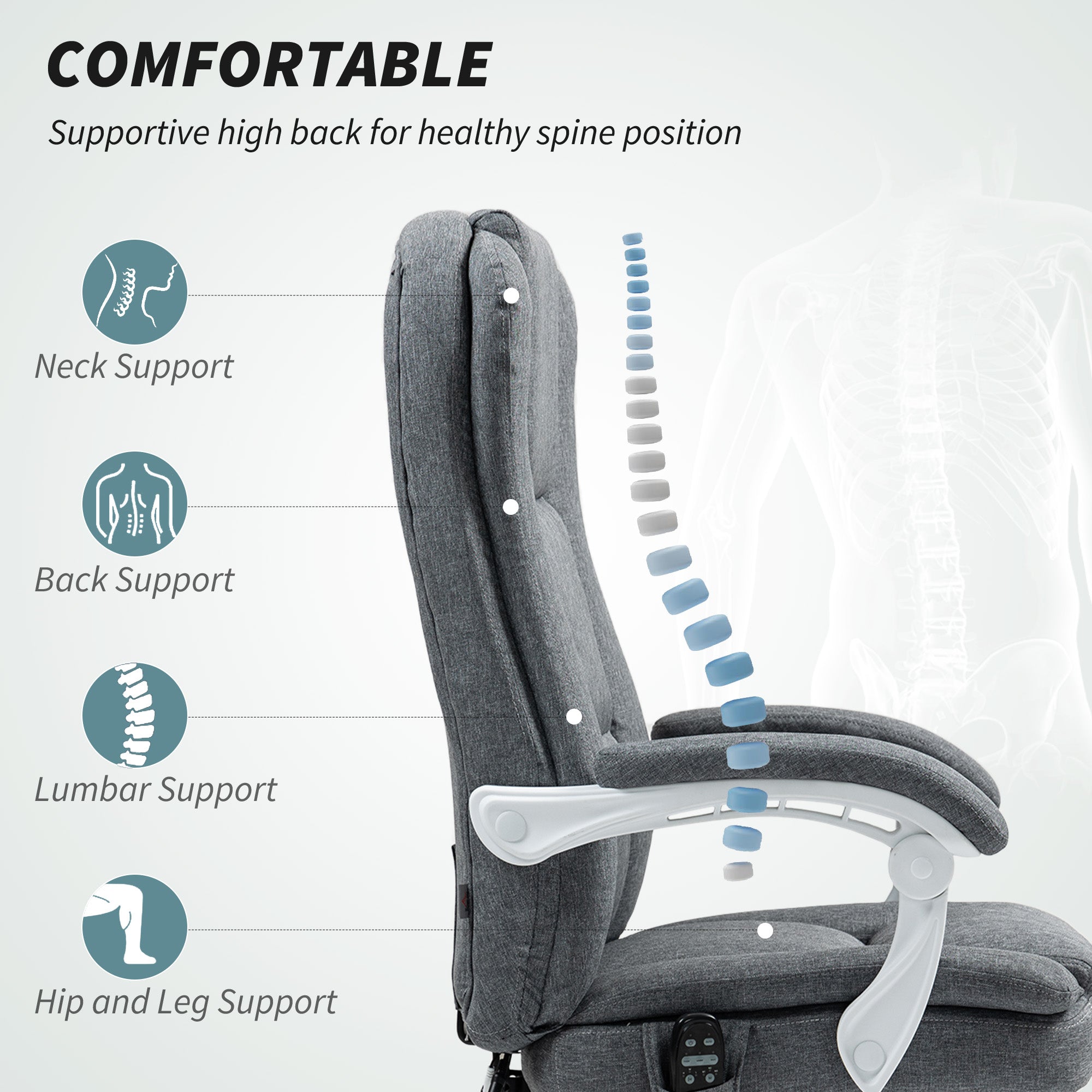 HOMCOM Executive Office Chair with 8-point Massage and Heat, Fabric Computer Desk Chair with Reclining Backrest, High Back, Height Adjustable, Swivel Wheels, Footrest, Remote, for Home, Grey - North Peak Garden Furniture