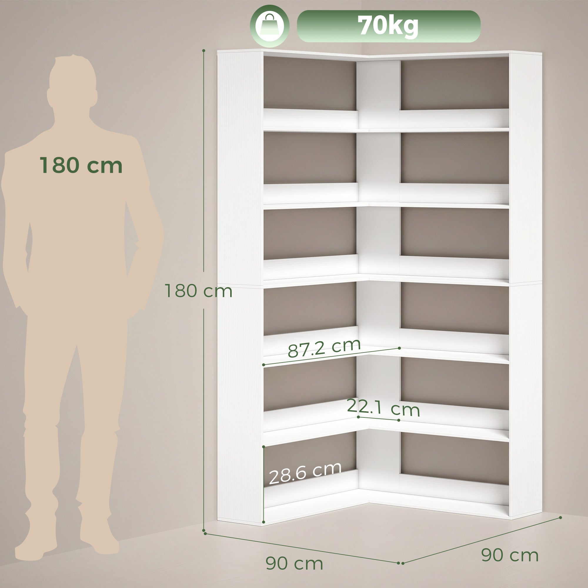 HOMCOM 7 Tiers Bookshelf, L-Shaped Corner Bookcase with Anti-Slip Rear Guard, White Wood Effect