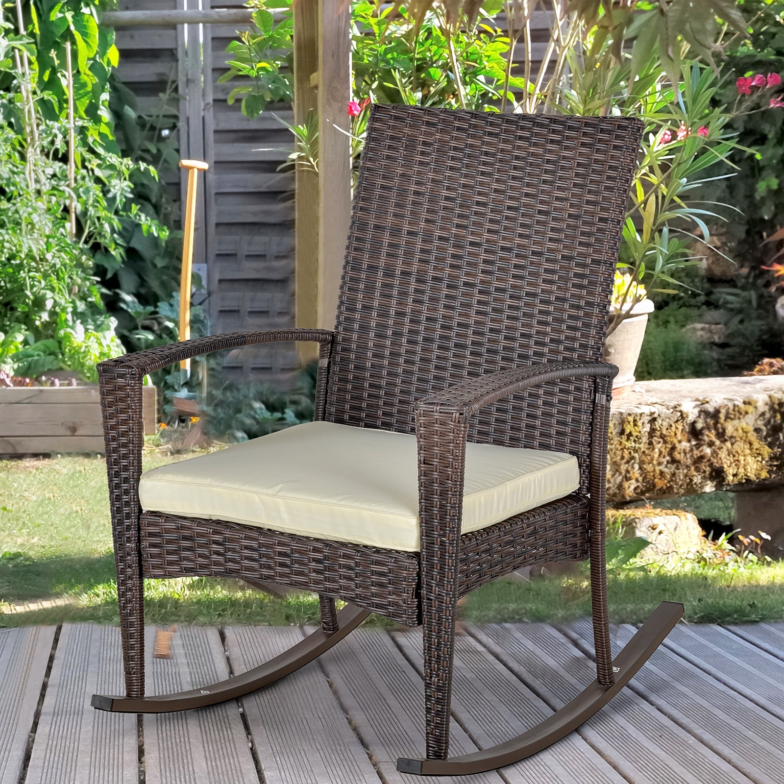 Outsunny Outdoor PE Rattan Rocking Chair, Garden Rocking Chair Set with Armrest and Cushion, Brown - North Peak Garden Furniture