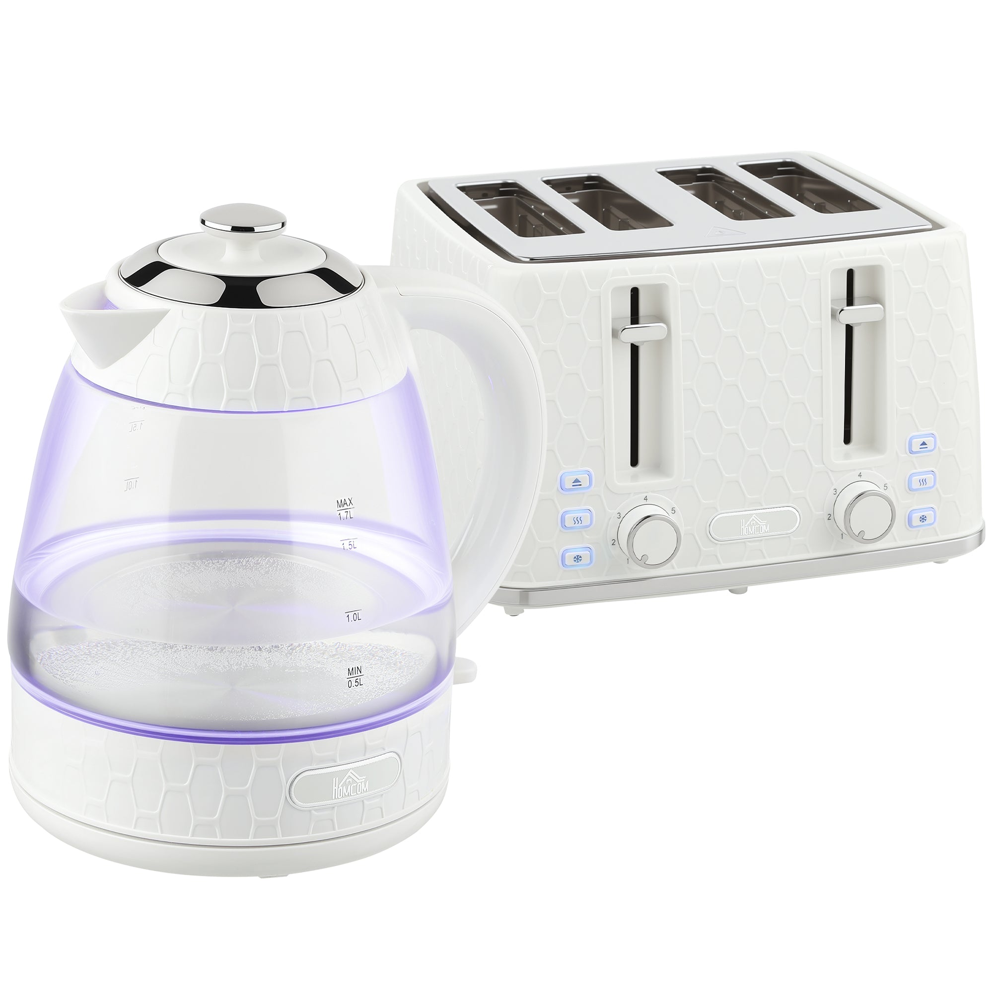 HOMCOM Kettle and Toaster Set, 1.7L 3000W Rapid Kettle with Strix Thermostat, 4 Slice Toaster with 7 Browning Controls, Cream