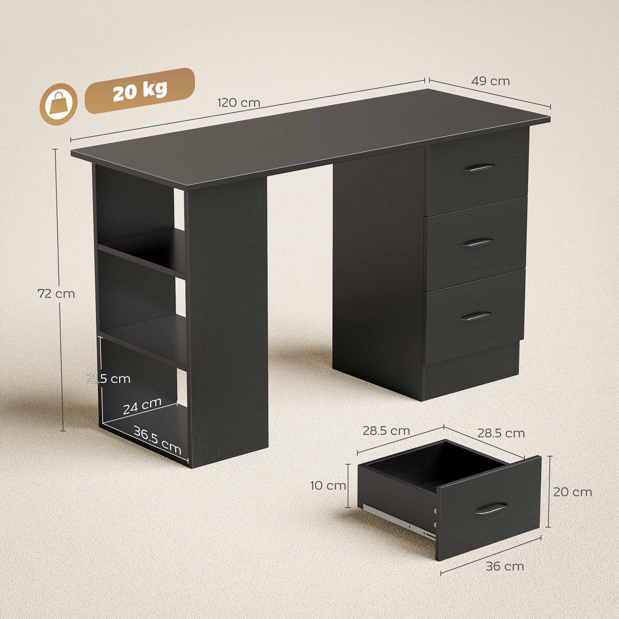HOMCOM Computer Desk, Writing Table, PC Workstation with 3 Storage Shelves and Drawers, Handle, for Home Office, Black