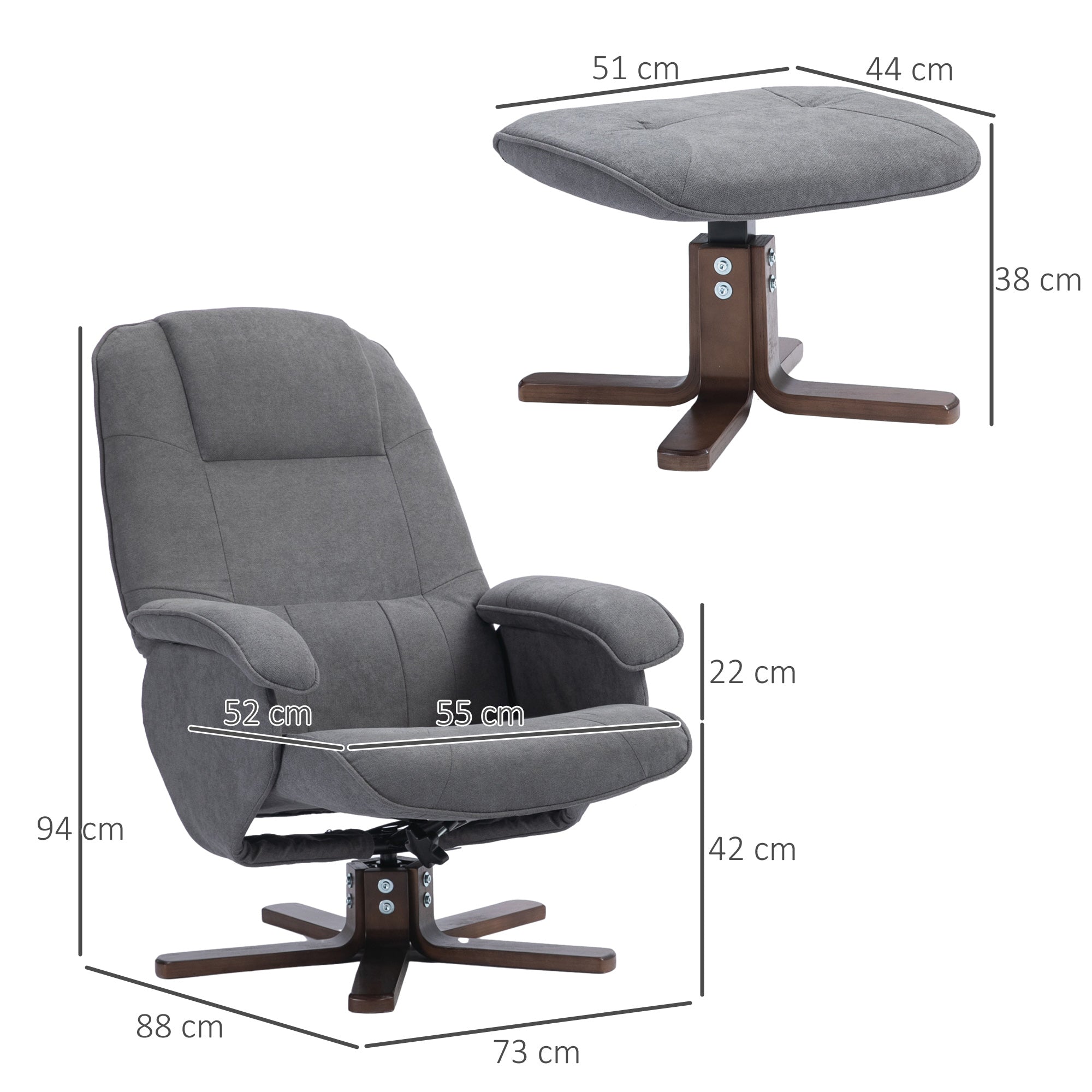 HOMCOM Linen Swivel Recliner Chair with Footstool, Upholstered Reclining Armchair with Wooden Base for Living Room, Grey - North Peak Garden Furniture
