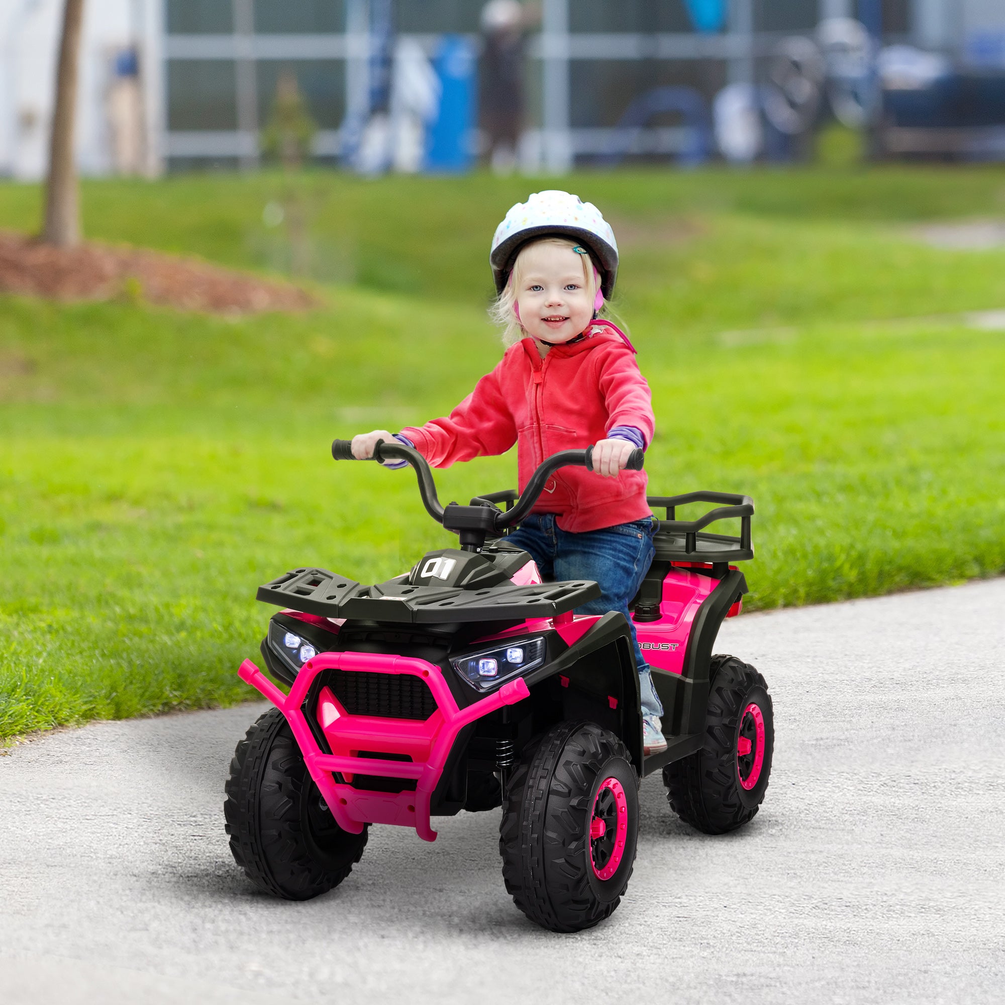 AIYAPLAY 12V Kids Electric Ride on ATV, Battery Powered Quad Bike w/ Spring Suspension, Forward Backward, Storage Basket - Pink - North Peak Garden Furniture