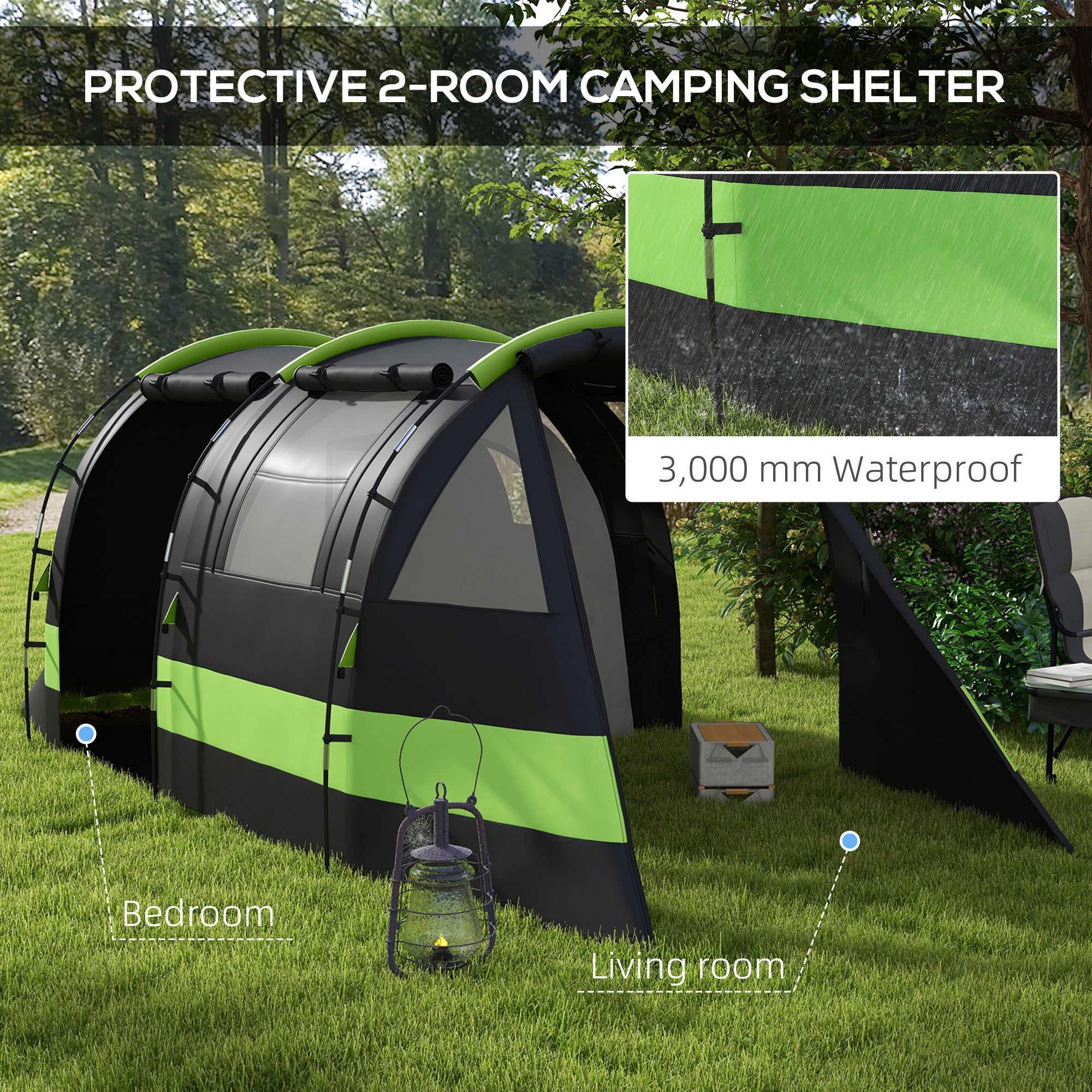 Outsunny Four Man, Two Room Blackout Tent, with Accessories - Black