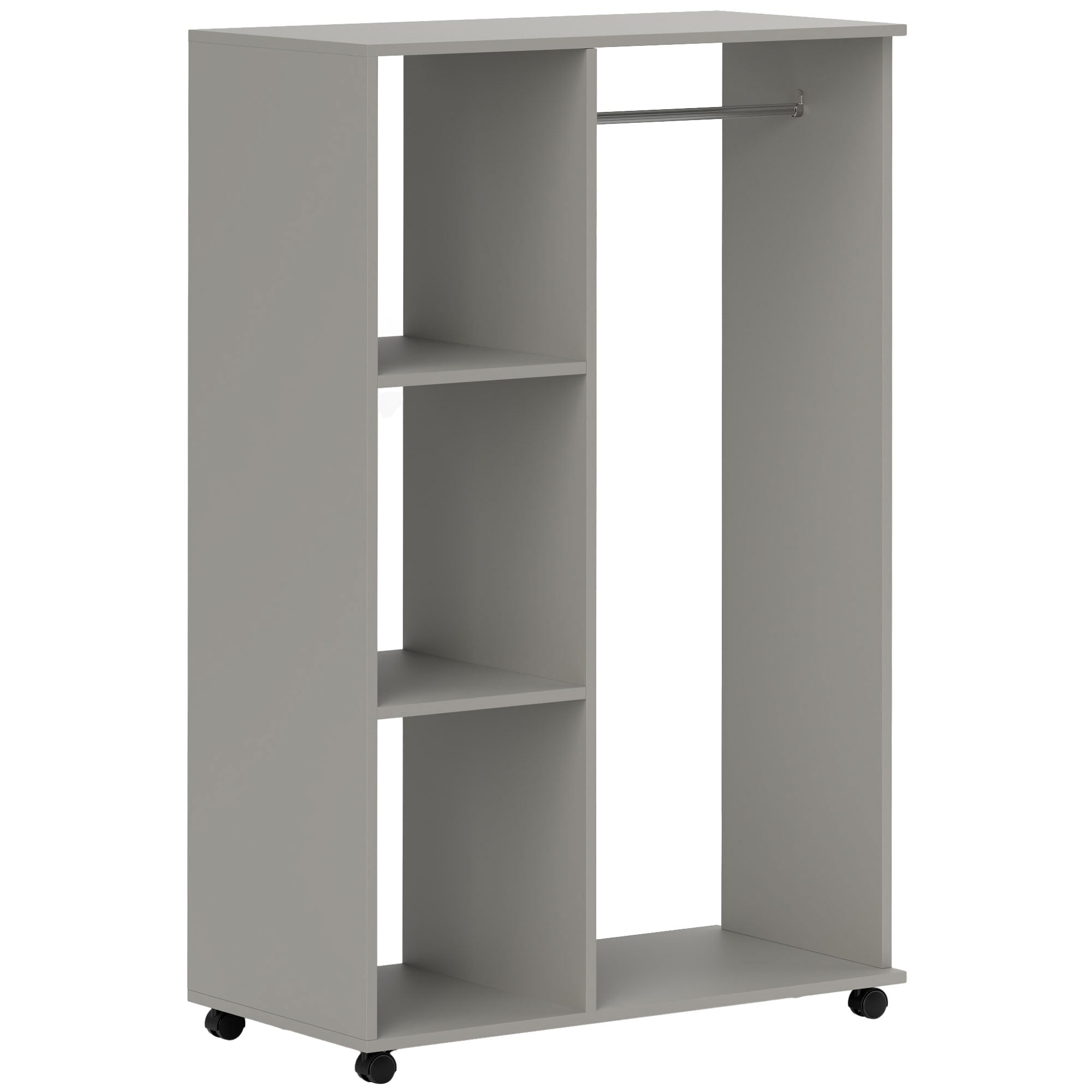 HOMCOM Open Wardrobe on Wheels with Clothes Rail, Bedroom Clothes Storage with Hanging Rod, 3 Storage Shelves, Mobile Garment Rack for Cloakroom, Hallway, Grey