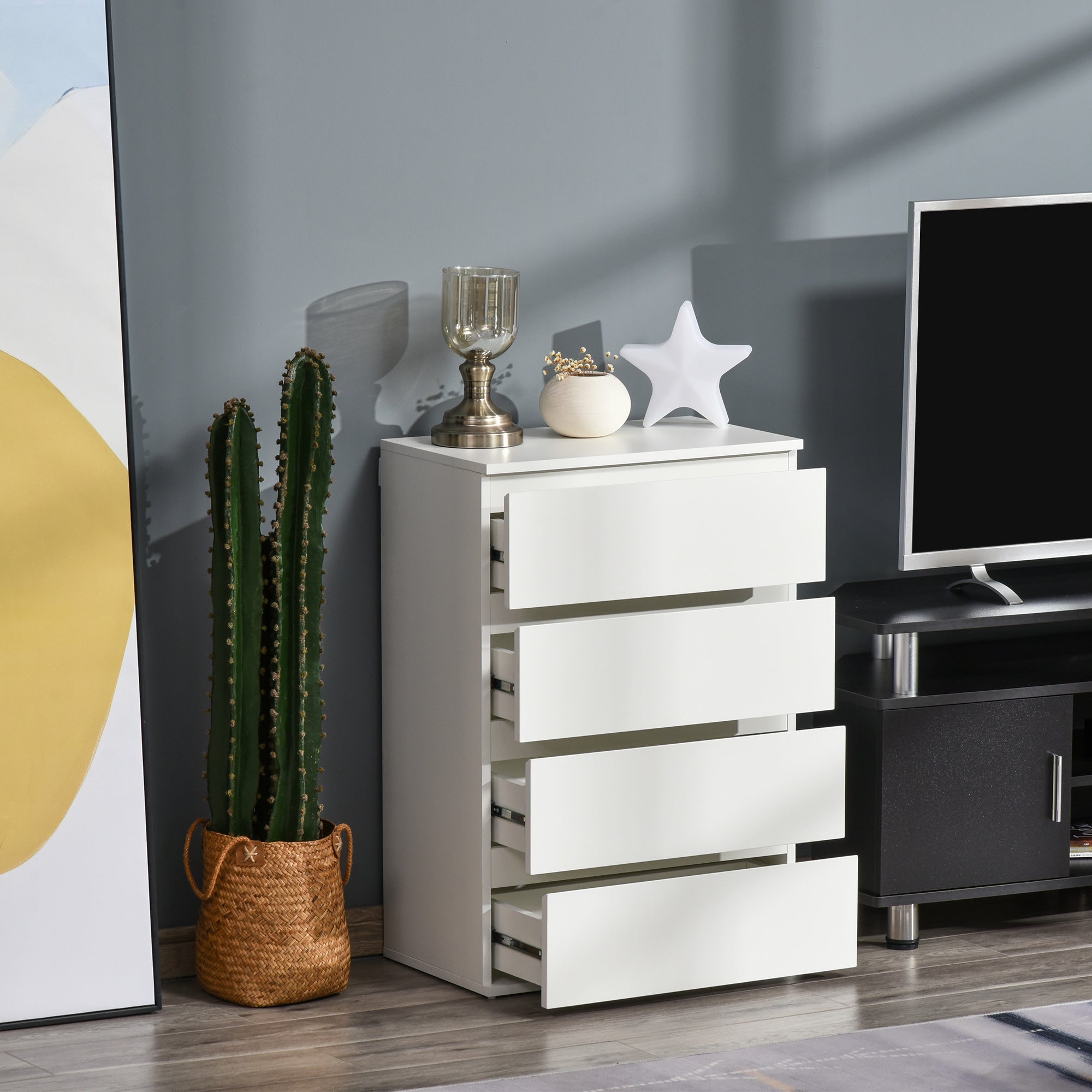 HOMCOM Chest of Drawers: 4-Drawer Storage Cabinet, White Tower Cupboard for Bedroom & Living Room