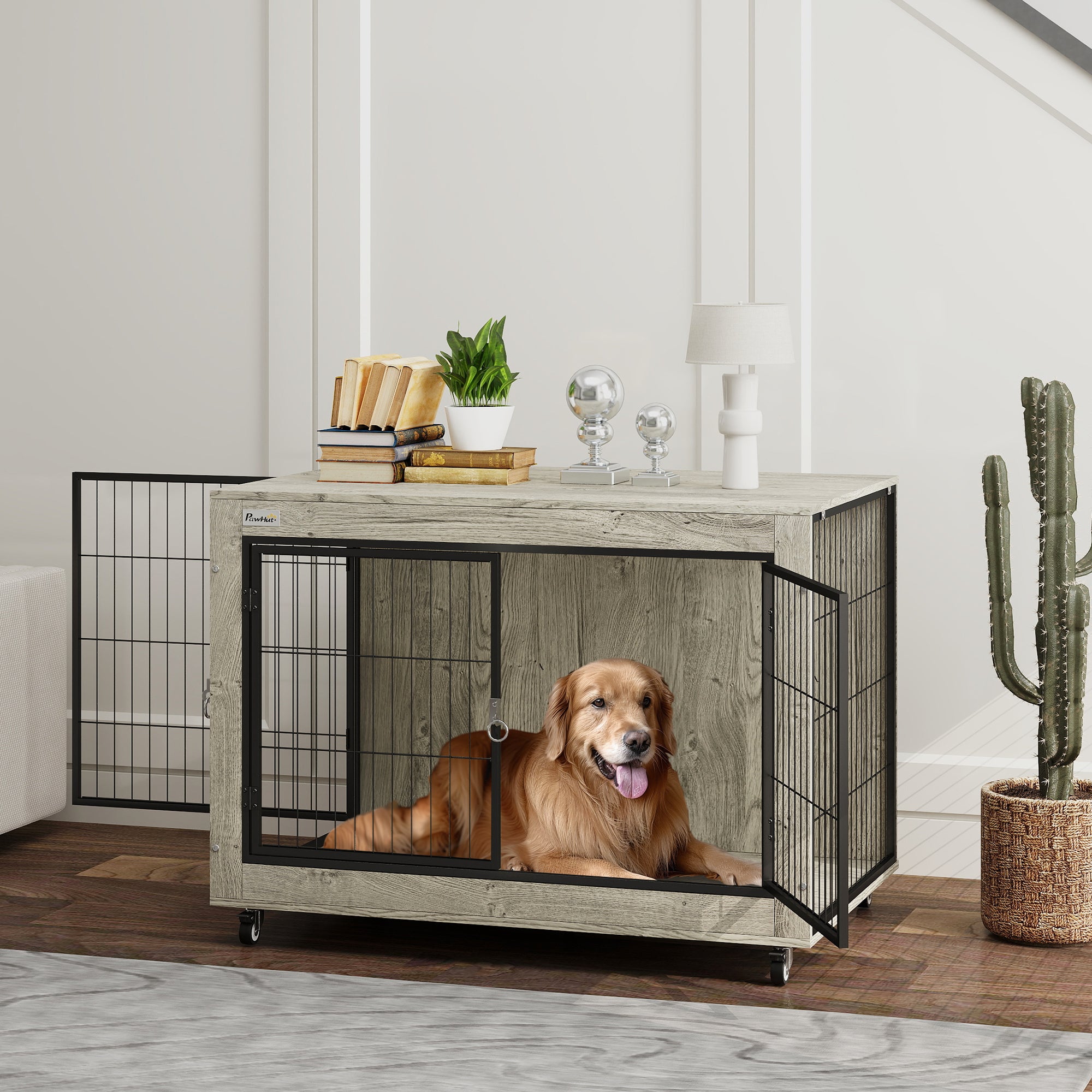 PawHut Dog Crate Furniture with Wheels, Double Doors, for Large Dogs, 100 x 60 x 73.5cm, Grey