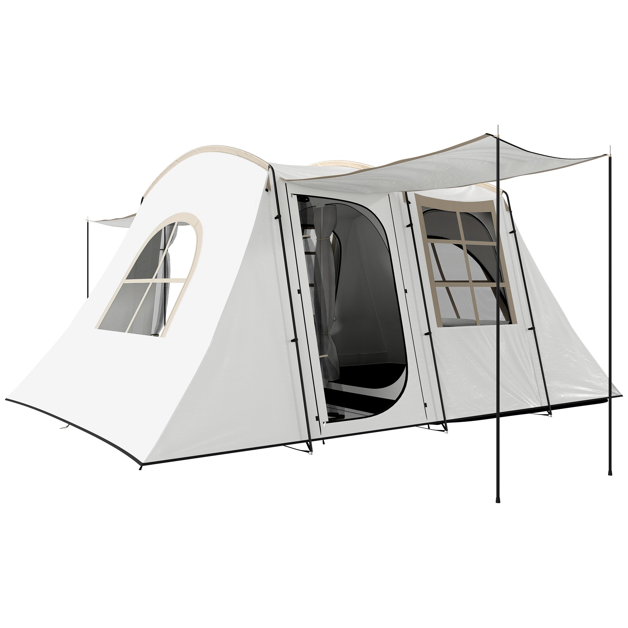Outsunny 3-4 Man Tunnel Tent, Family Camping Tent with Porch, Bedroom and Living Area, Sewn in Groundsheet, 3000mm Waterproof, Portable with Bag for Hiking, Festival, Backpacking, Khaki - North Peak Garden Furniture