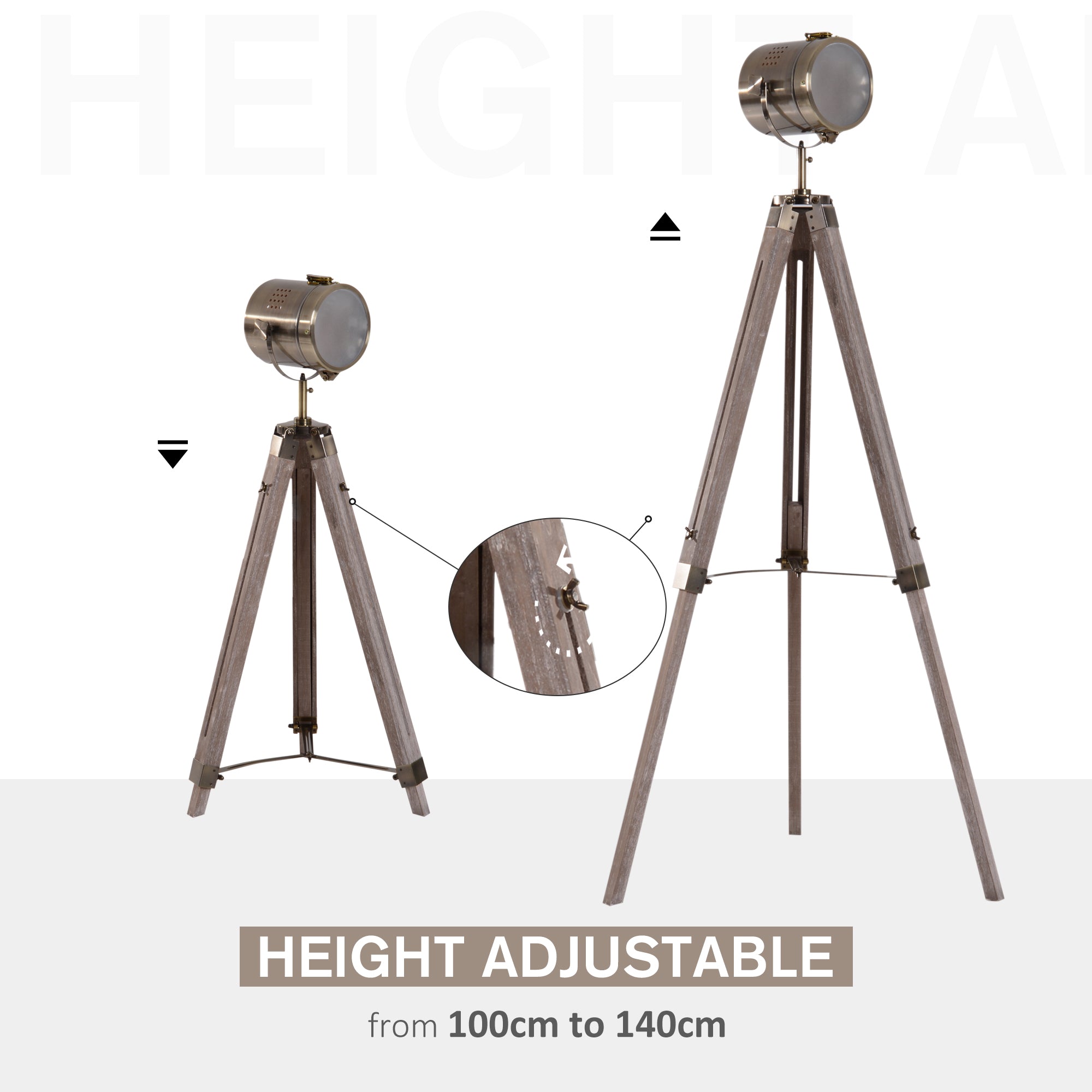 HOMCOM Industrial Tripod Floor Lamp, Nautical Searchlight with Adjustable Height, Wood Legs, E12 Lamp Base for Living Room, Bedroom, Grey and Bronze - North Peak Garden Furniture