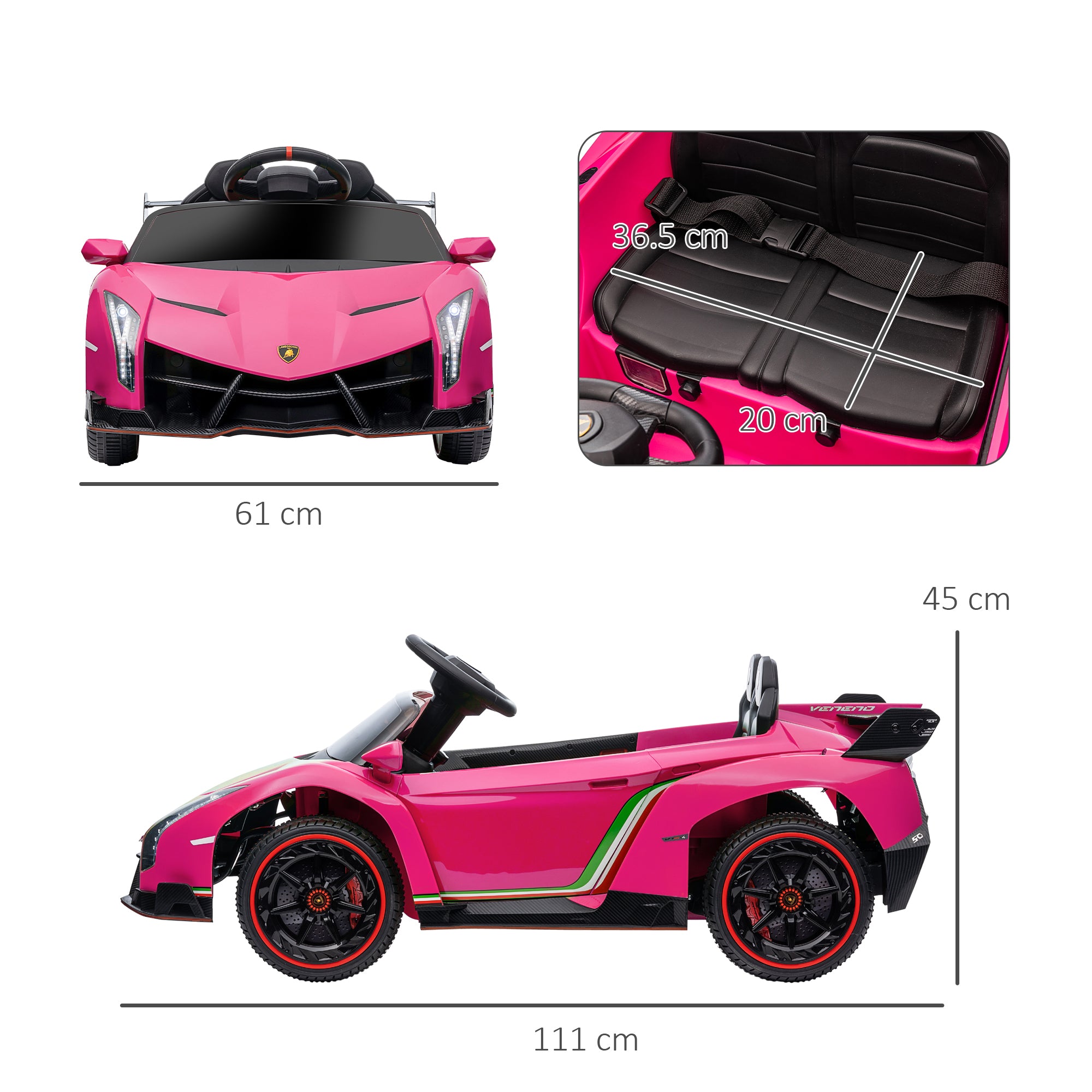 HOMCOM Lamborghini Veneno Licensed Electric Ride-On Car, with Remote, Music, Horn - Pink - North Peak Garden Furniture