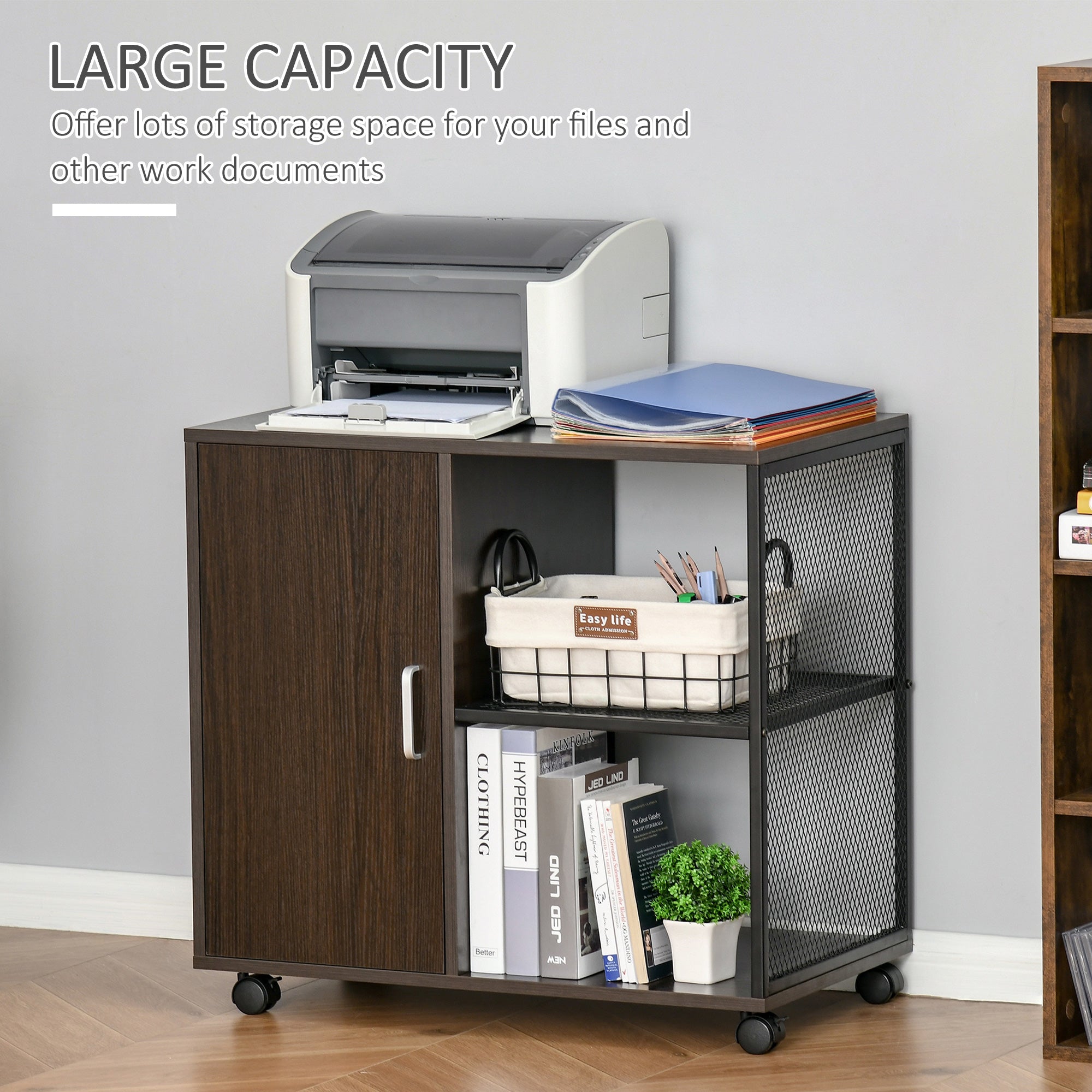 HOMCOM Printer Stand Home Office Mobile Storge File Cabinet Organizer with Castors, Door, Walnut Brown