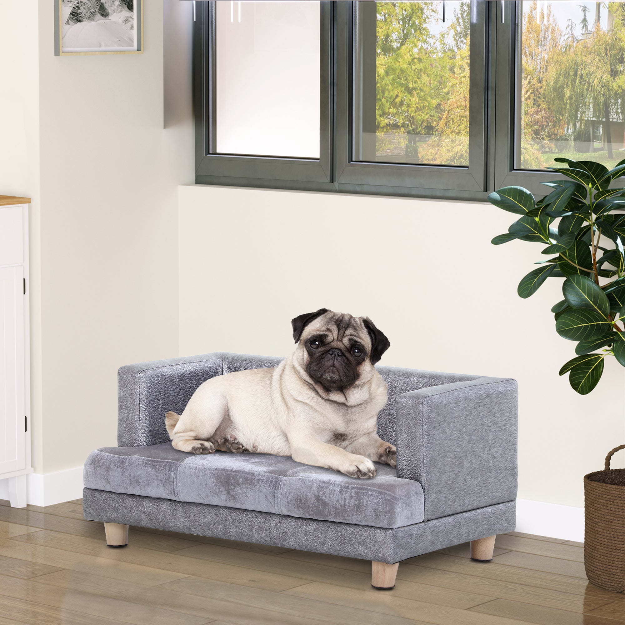 PawHut Dog Sofa Bed for Small-Sized Dogs, Elevated Pet Chair with PU Cover, Soft Cushion, Cat Couch Lounger with Anti-slip Legs - Grey - North Peak Garden Furniture