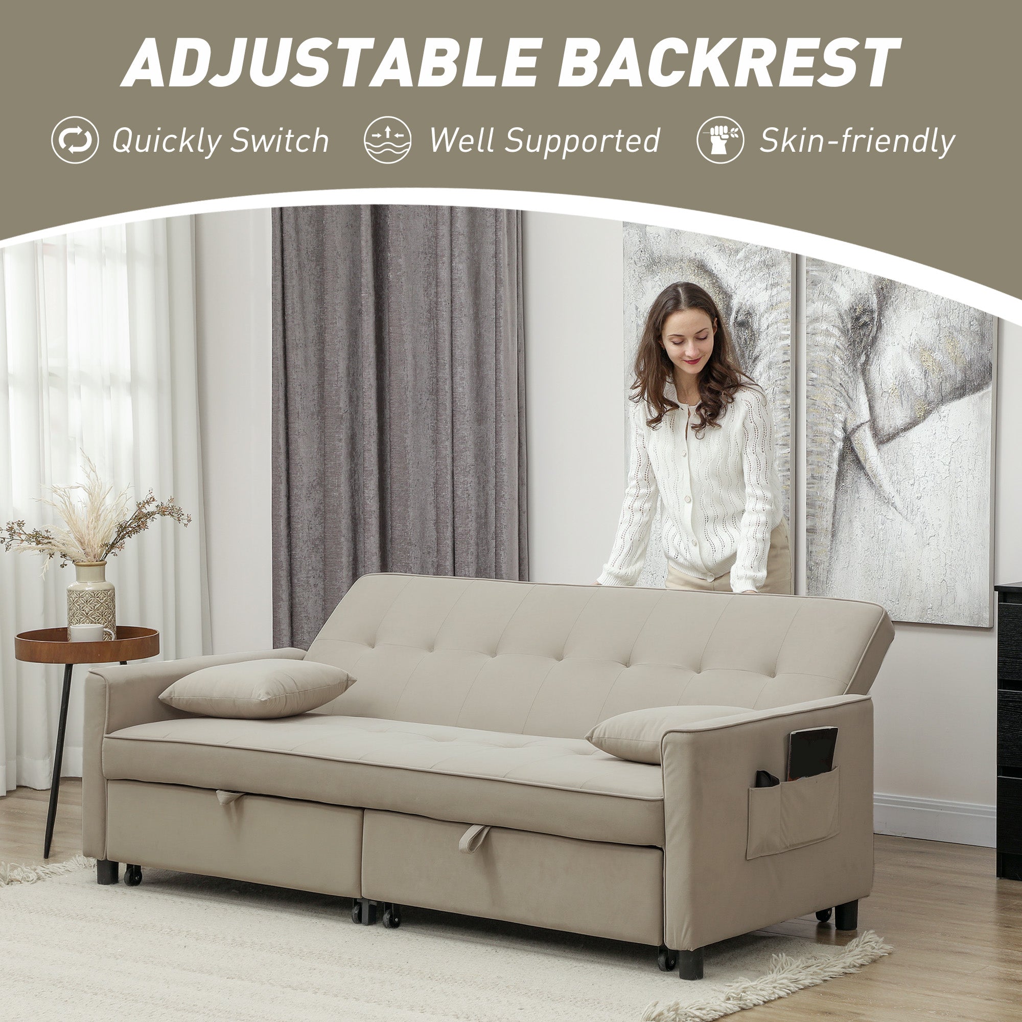 HOMCOM Three-Person Velvet-Feel Sofa Bed - Beige - North Peak Garden Furniture