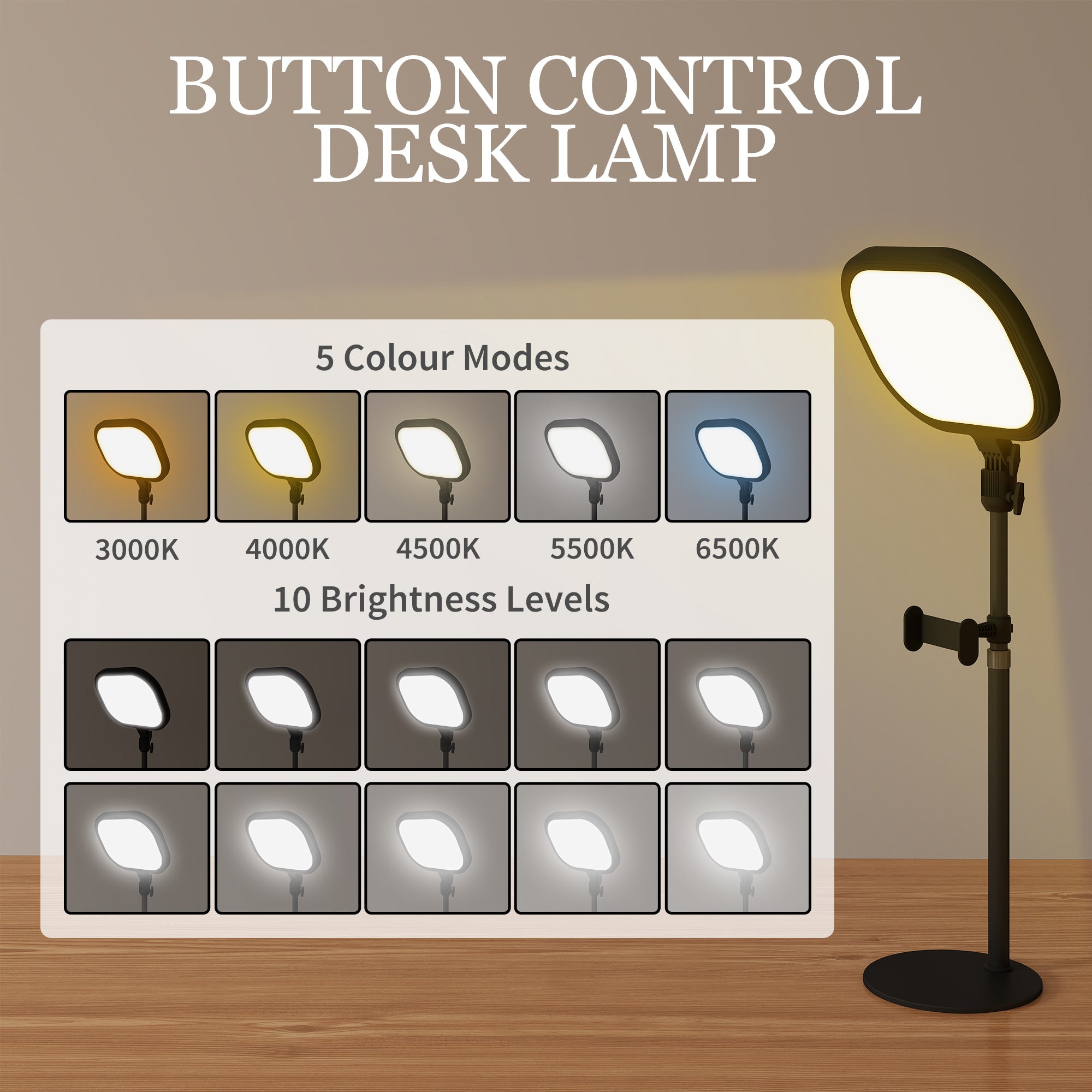 HOMCOM Selfie Light for Video Conference Lighting, Dimmable Desk Lamp with Stand Phone Holder, 5 Colour Modes & 10 Brightness Levels, Memory Function for Home Office, Recording, Video Calls, Black - North Peak Garden Furniture