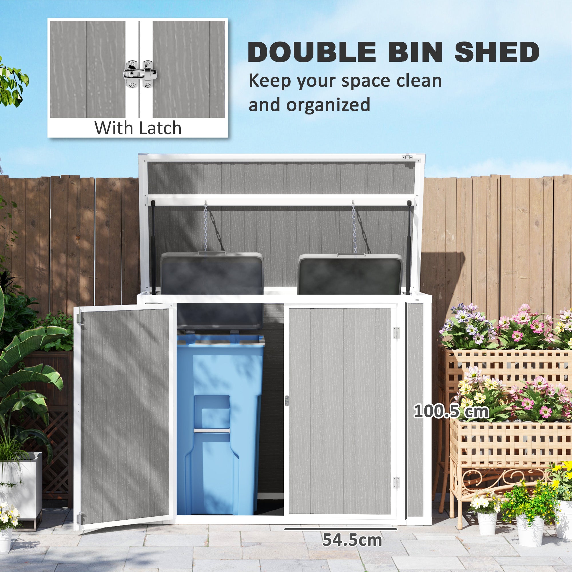 Outsunny 4.7 x 2.5FT Garden Shed, Double Bin Storage Shed with Lockable Doors, Outdoor Small Shed with Openable Lid for 2 Trash Cans, Garden Tools, Grey - North Peak Garden Furniture
