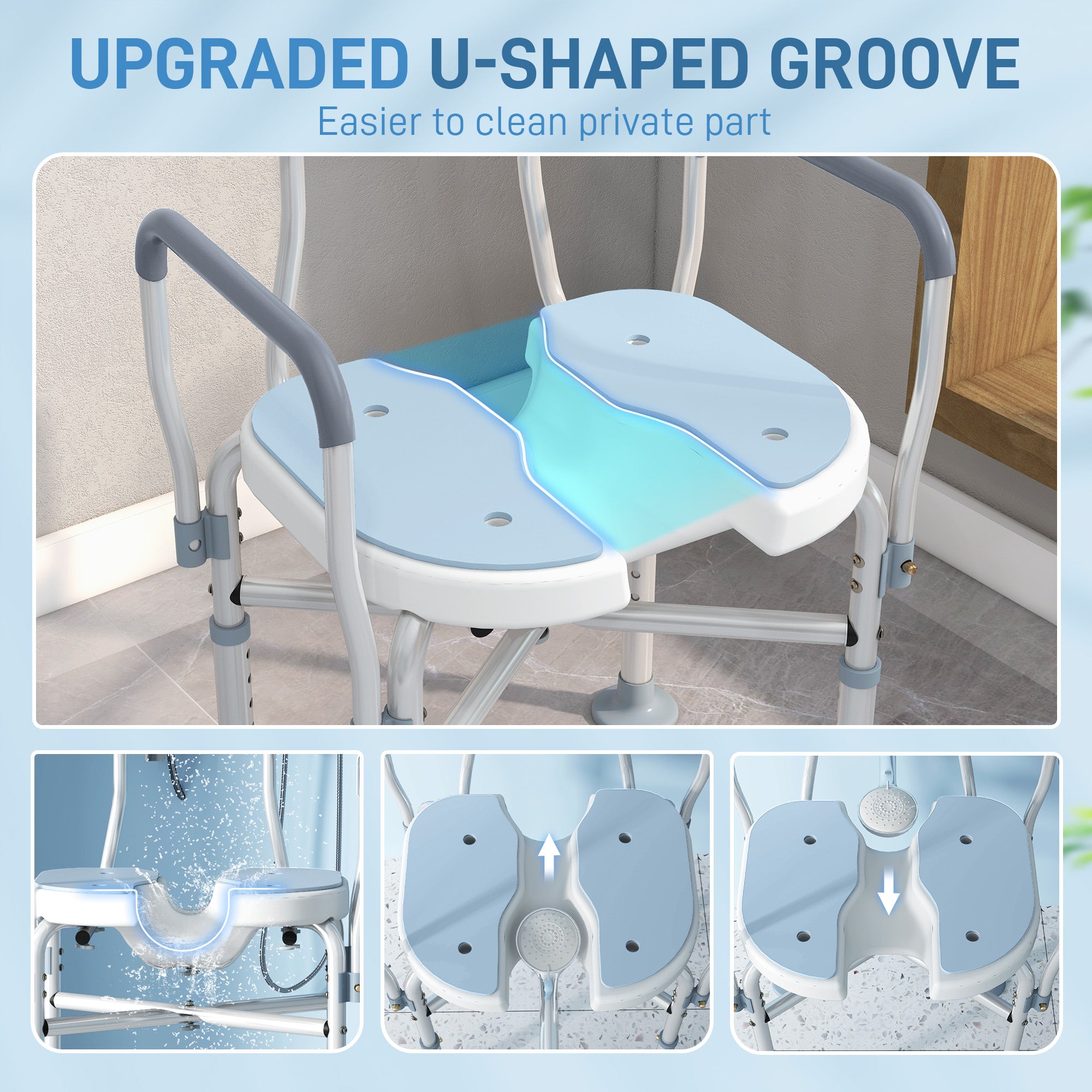 HOMCOM Aluminium Shower Chair, with Padded Seat - Light Blue - North Peak Garden Furniture
