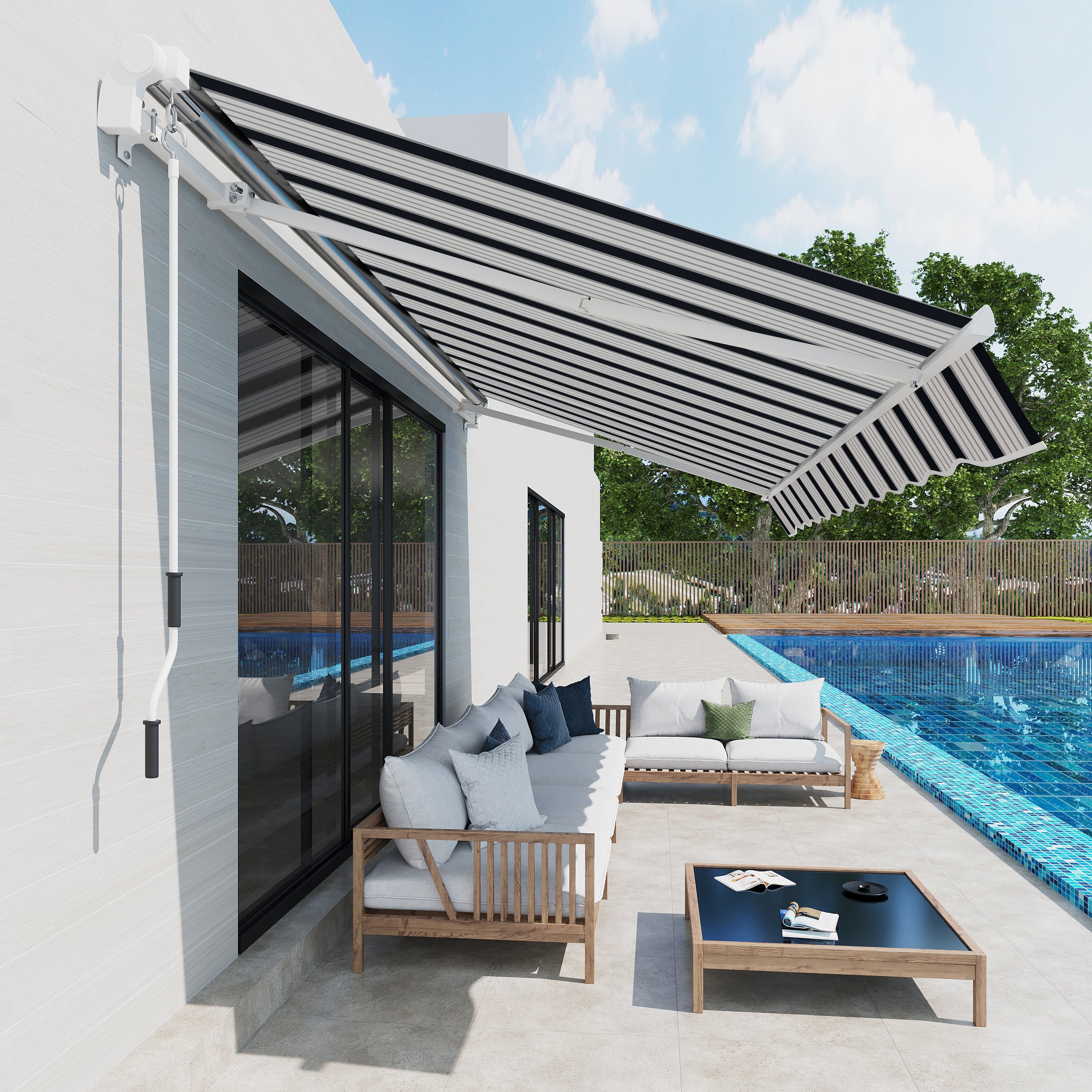 Outsunny 4m x 3(m) Garden Patio Manual Awning Canopy Aluminium Sun Shade Shelter Retractable Blue and White