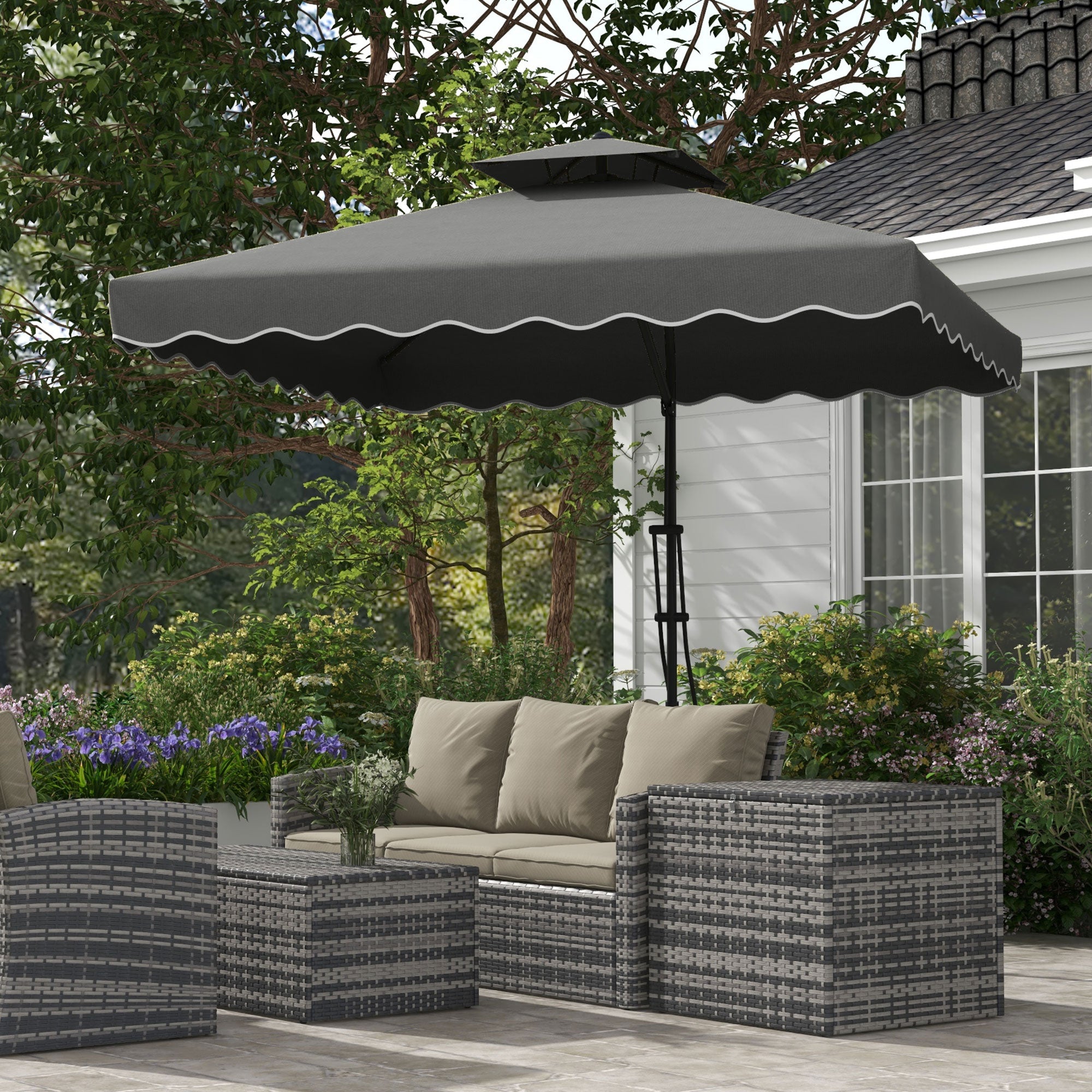 Outsunny 2.5m Square Double Top Garden Parasol Cantilever Umbrella with Ruffles, Dark Grey - North Peak Garden Furniture