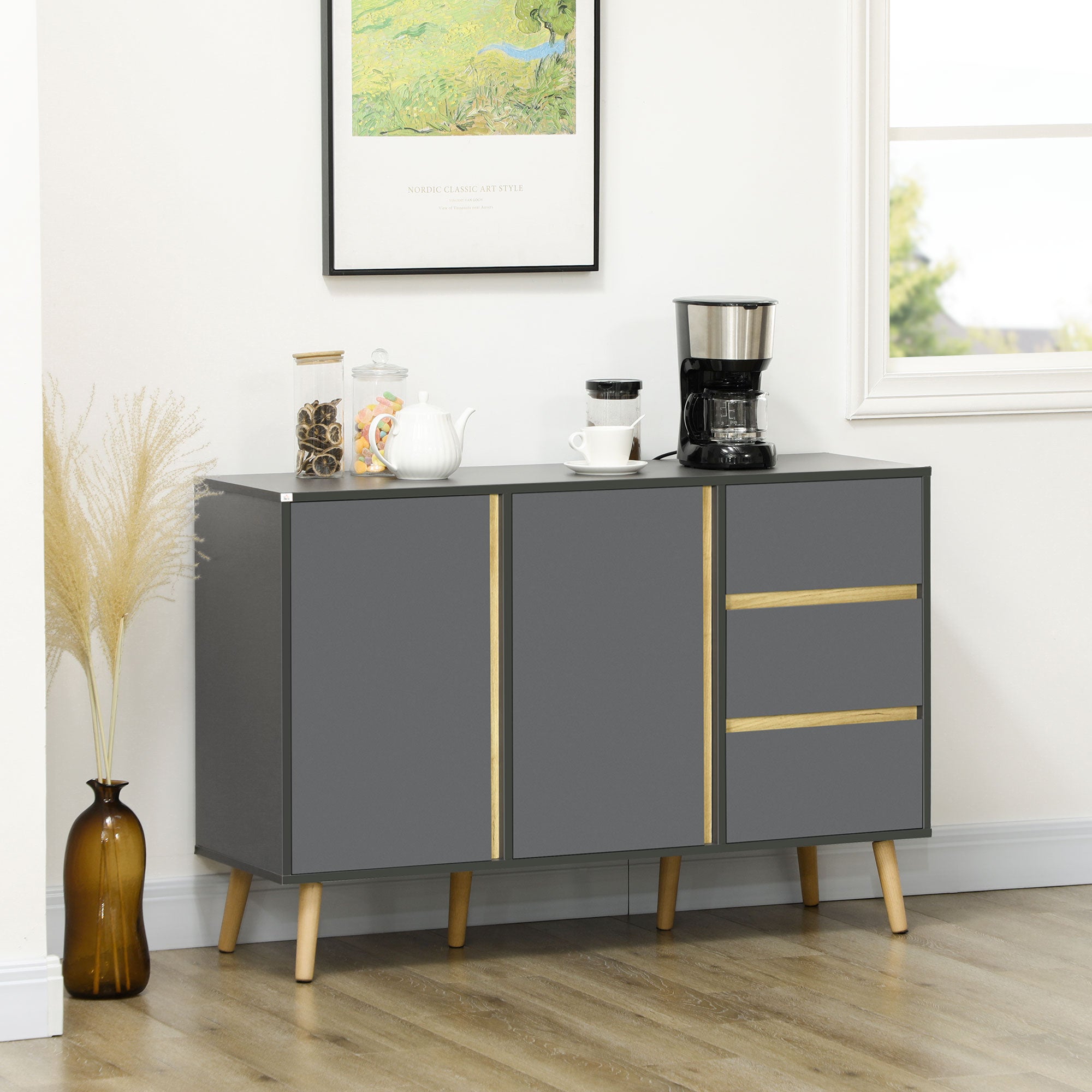 HOMCOM Sideboard, Modern Kitchen Cupboard with Double Doors and 3 Drawers, Adjustable Shelves for Living Dining Room, Dark Grey - North Peak Garden Furniture