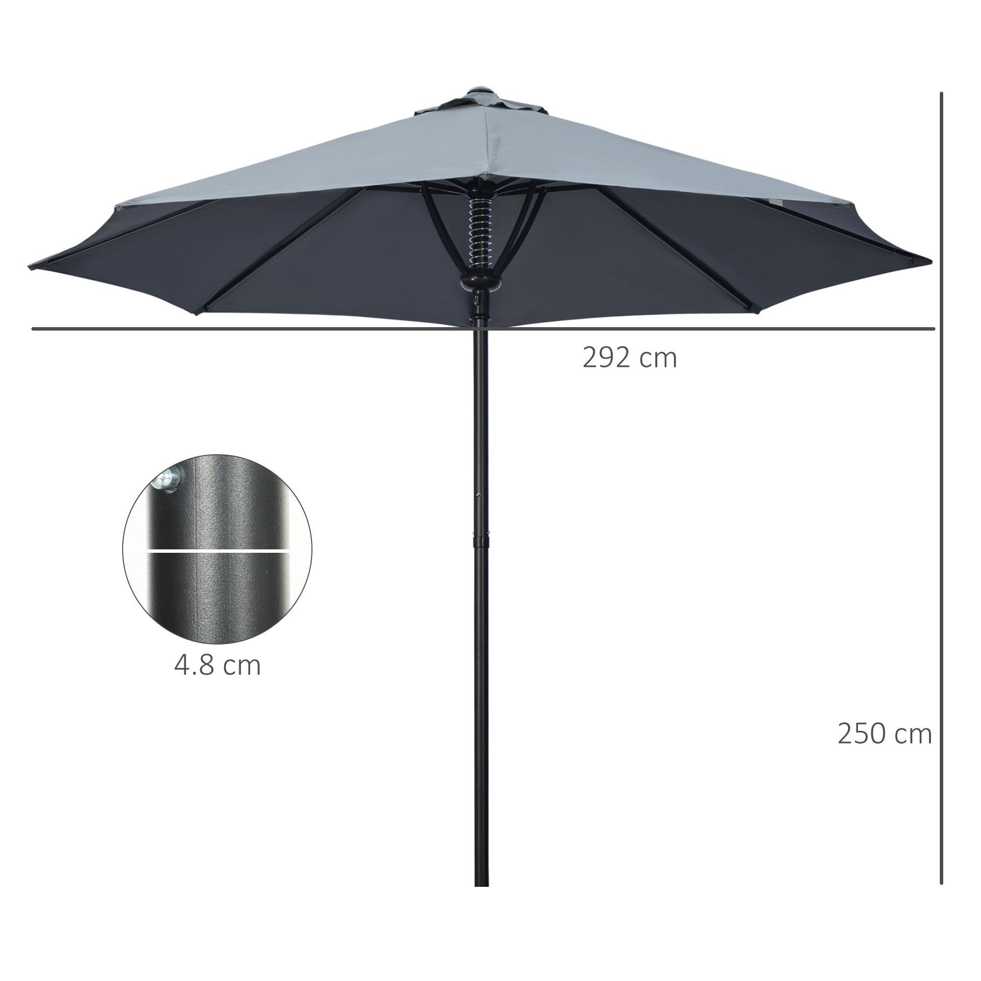 Outsunny Garden 3(m) Parasol Umbrella, Outdoor Market Table Umbrella Sun Shade Canopy with 8 Ribs, Easy Push to Open, Grey - North Peak Garden Furniture